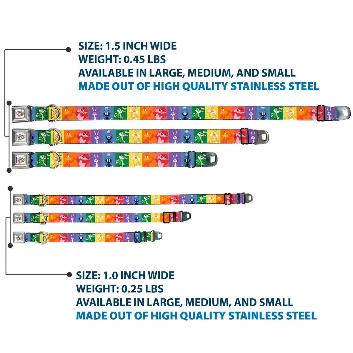 Looney Tunes THATS ALL FOLKS Script Full Color White/Multi Color Seatbelt Buckle Collar - Looney Tunes 6-Character Pose Pride Blocks Multi Color