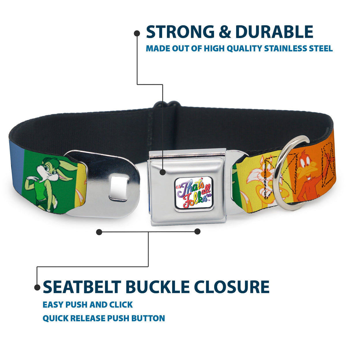 Looney Tunes THATS ALL FOLKS Script Full Color White/Multi Color Seatbelt Buckle Collar - Looney Tunes 6-Character Pose Pride Blocks Multi Color