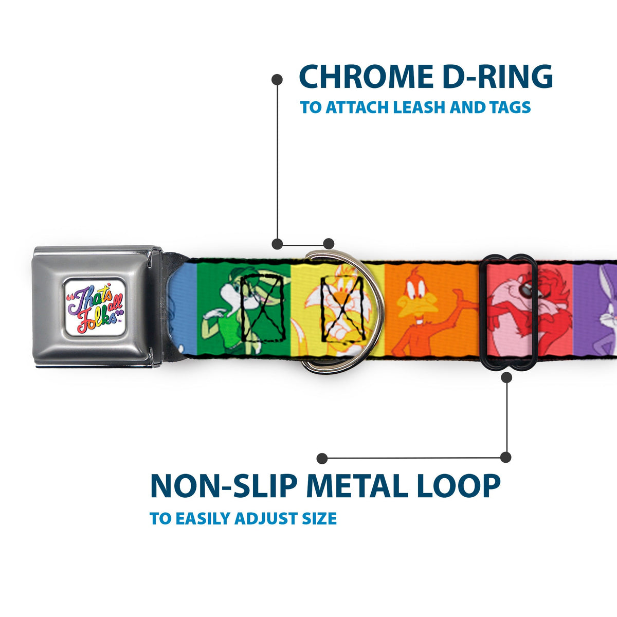 Looney Tunes THATS ALL FOLKS Script Full Color White/Multi Color Seatbelt Buckle Collar - Looney Tunes 6-Character Pose Pride Blocks Multi Color