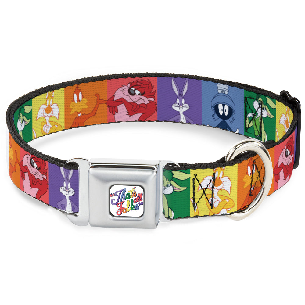 Looney Tunes THATS ALL FOLKS Script Full Color White/Multi Color Seatbelt Buckle Collar - Looney Tunes 6-Character Pose Pride Blocks Multi Color