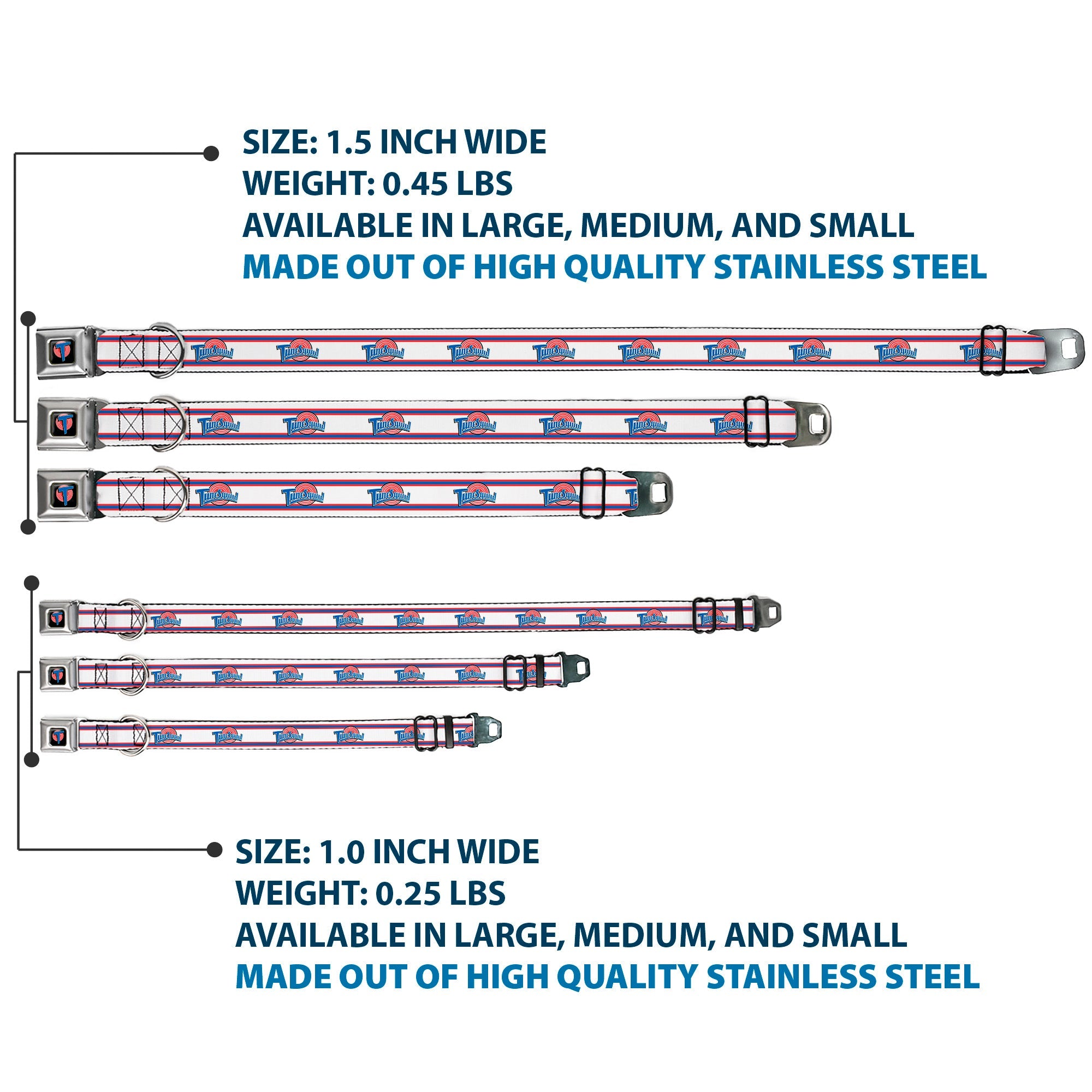 Space Jam Tune Squad Icon Full Color Black/Red/Blue Seatbelt Buckle Collar - Space Jam TUNE SQUAD Logo Stripe White/Red/Blue