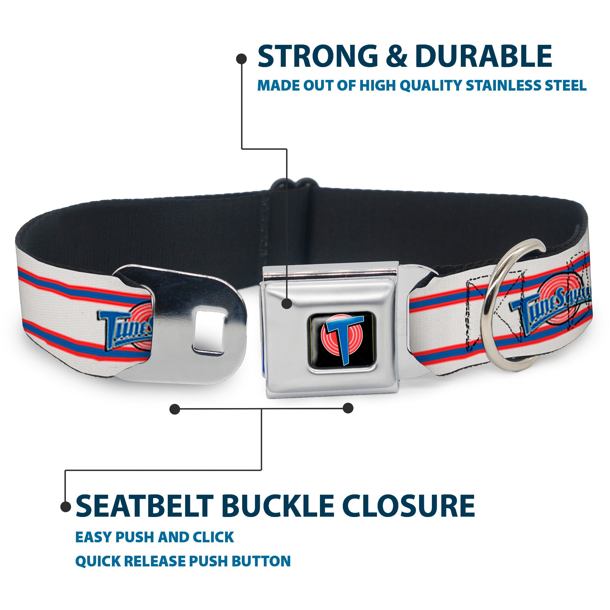 Space Jam Tune Squad Icon Full Color Black/Red/Blue Seatbelt Buckle Collar - Space Jam TUNE SQUAD Logo Stripe White/Red/Blue