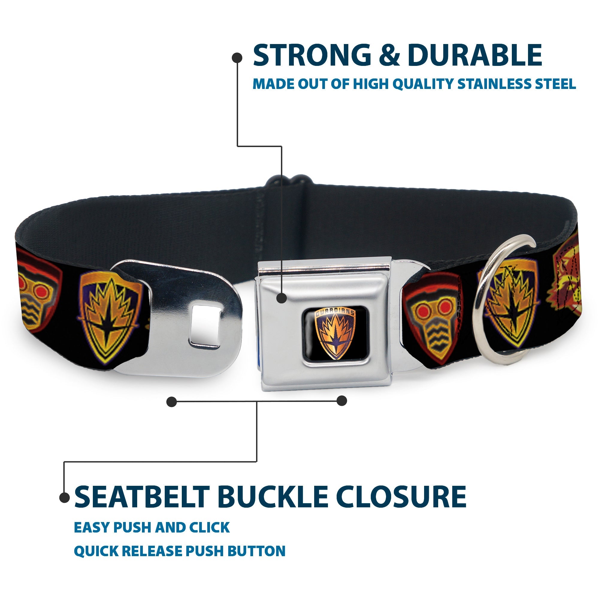 GUARDIANS OF THE GALAXY - EVERGREEN GUARDIANS Badge Full Color Black Gold Purple Seatbelt Buckle Collar - Guardians of the Galaxy Badge/5-Character Icons Black/Multi Color