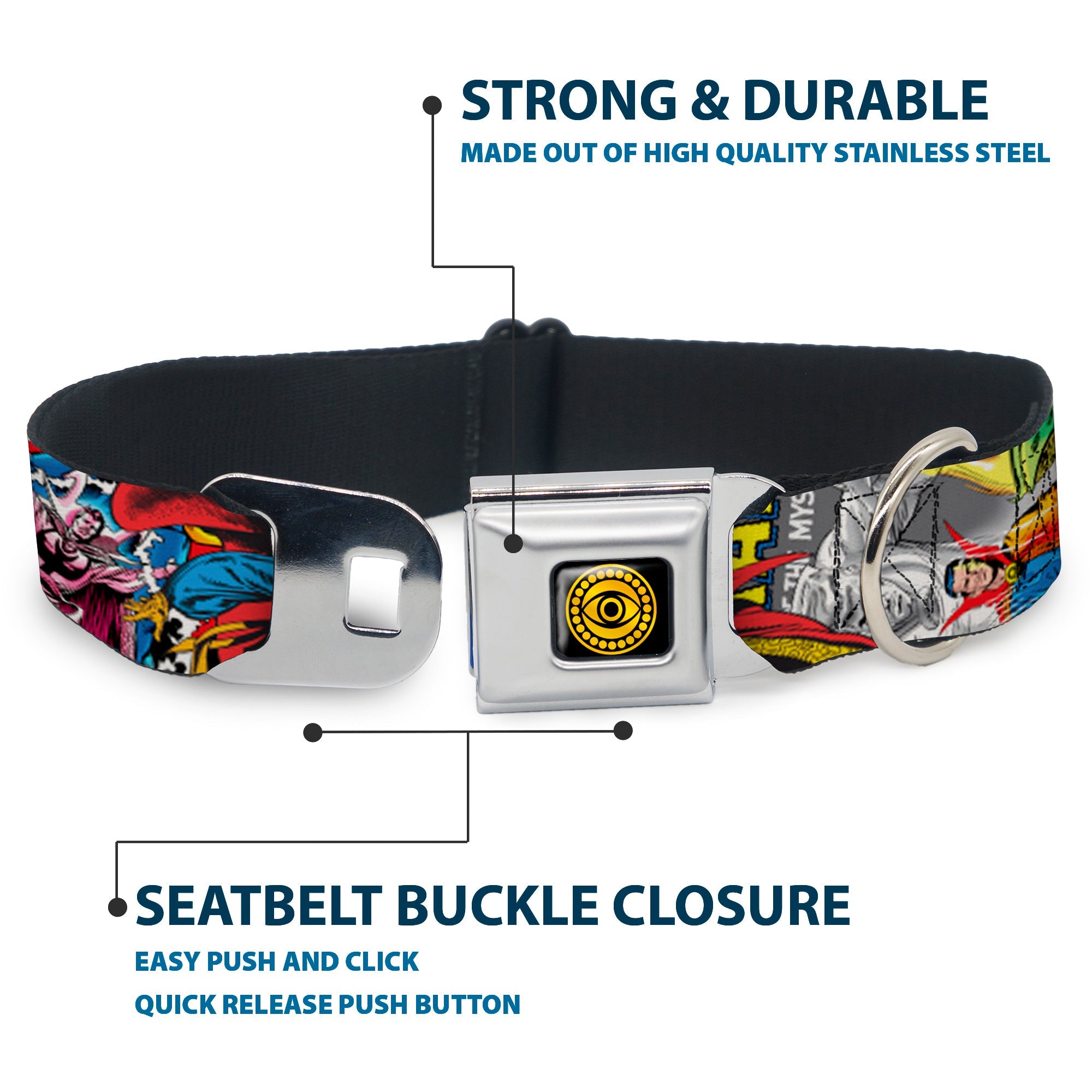 DOCTOR STRANGE MOVIE Doctor Strange Eye of Agamotto Full Color Black Gold Seatbelt Buckle Collar - Classic DOCTOR STRANGE Comic Book Title/4-Poses