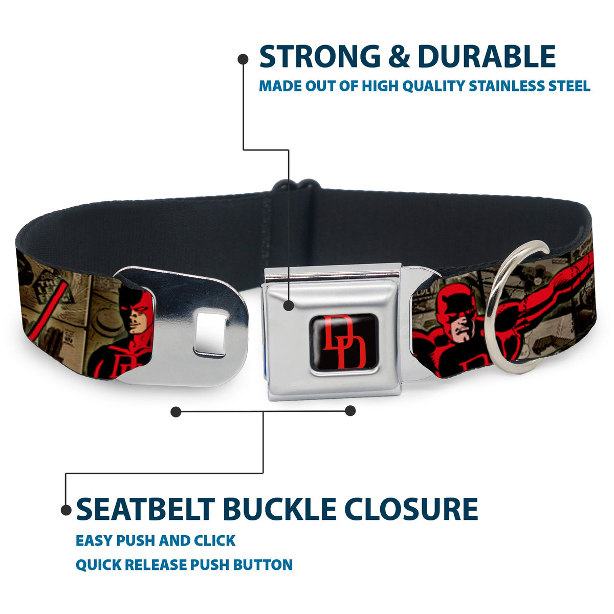 MARVEL UNIVERSE Daredevil DD Logo Full Color Black Red Seatbelt Buckle Collar - DAREDEVIL Action Poses/Comic Panels Grays/Red