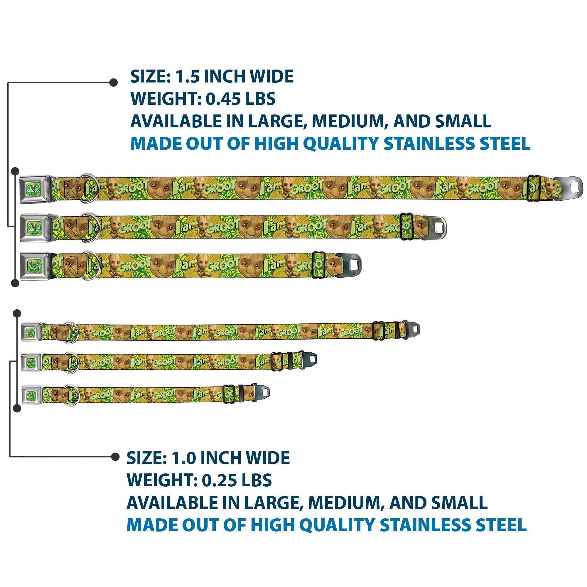 Baby Groot Running Pose I AM GROOT Full Color Greens/Yellows Seatbelt Buckle Collar - Baby Groot Pose/Face I AM GROOT Browns/Greens/Yellows