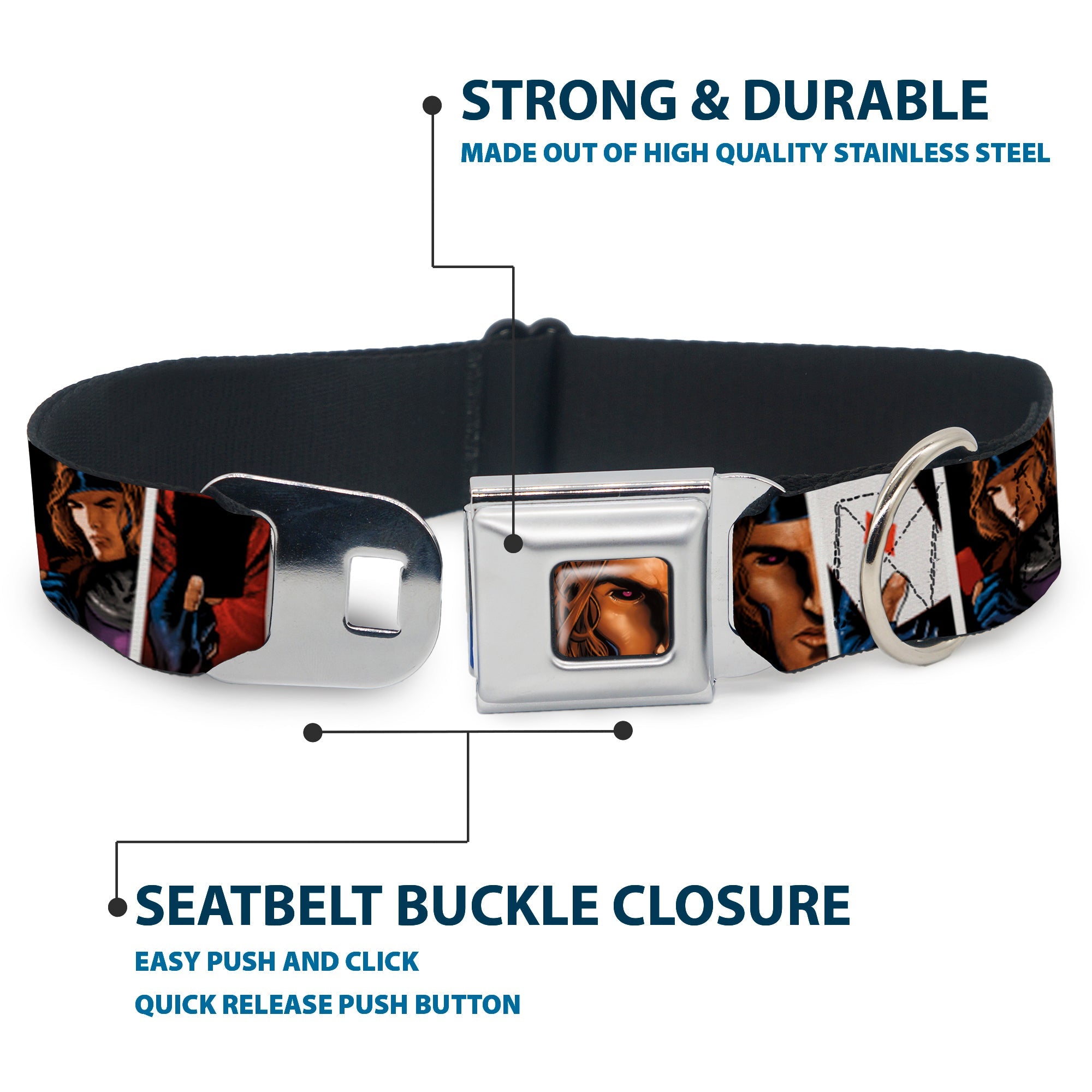 X-Men Gambit Face Close-Up Full Color Seatbelt Buckle Collar - X-Men Gambit Cards 4-Pose Blocks