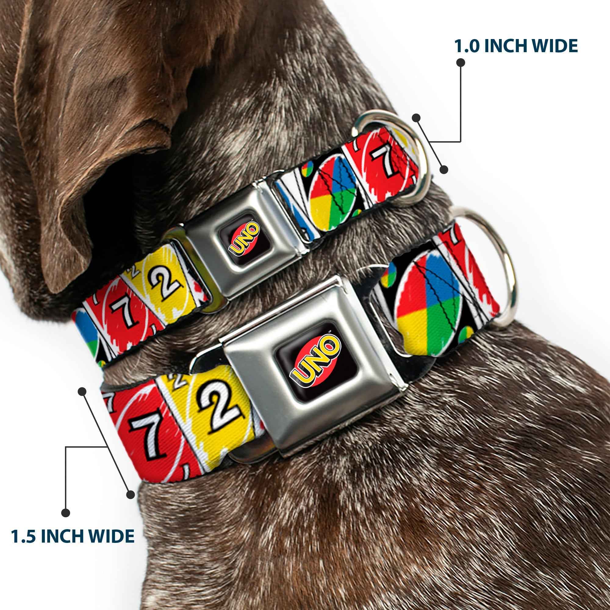Buckle-Down Uno Game Logo Full Color Black/Red/Yellow Seatbelt Buckle Dog Collar - Uno Cards Lineup Stack Multicolor