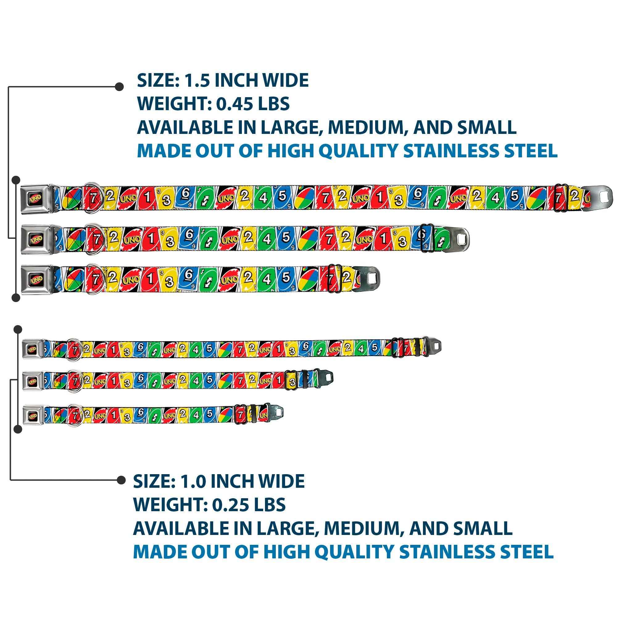 Buckle-Down Uno Game Logo Full Color Black/Red/Yellow Seatbelt Buckle Dog Collar - Uno Cards Lineup Stack Multicolor