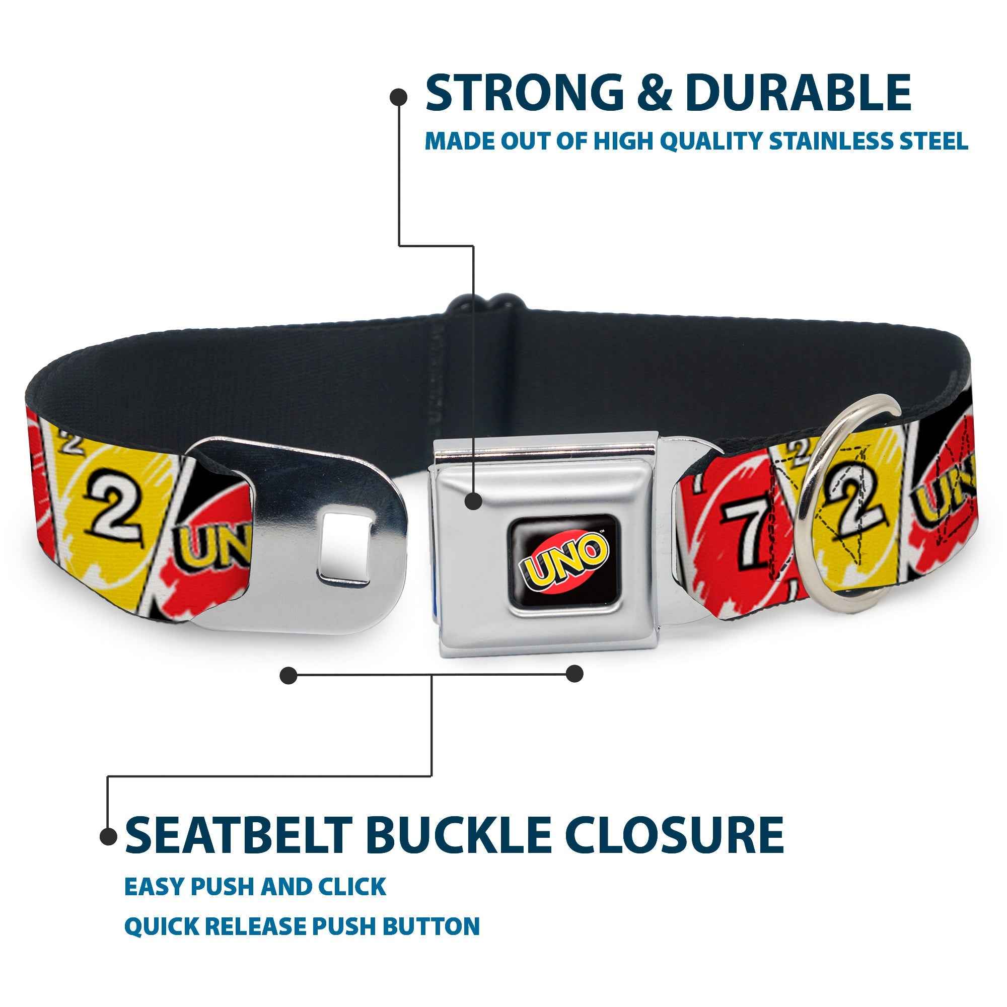 Buckle-Down Uno Game Logo Full Color Black/Red/Yellow Seatbelt Buckle Dog Collar - Uno Cards Lineup Stack Multicolor