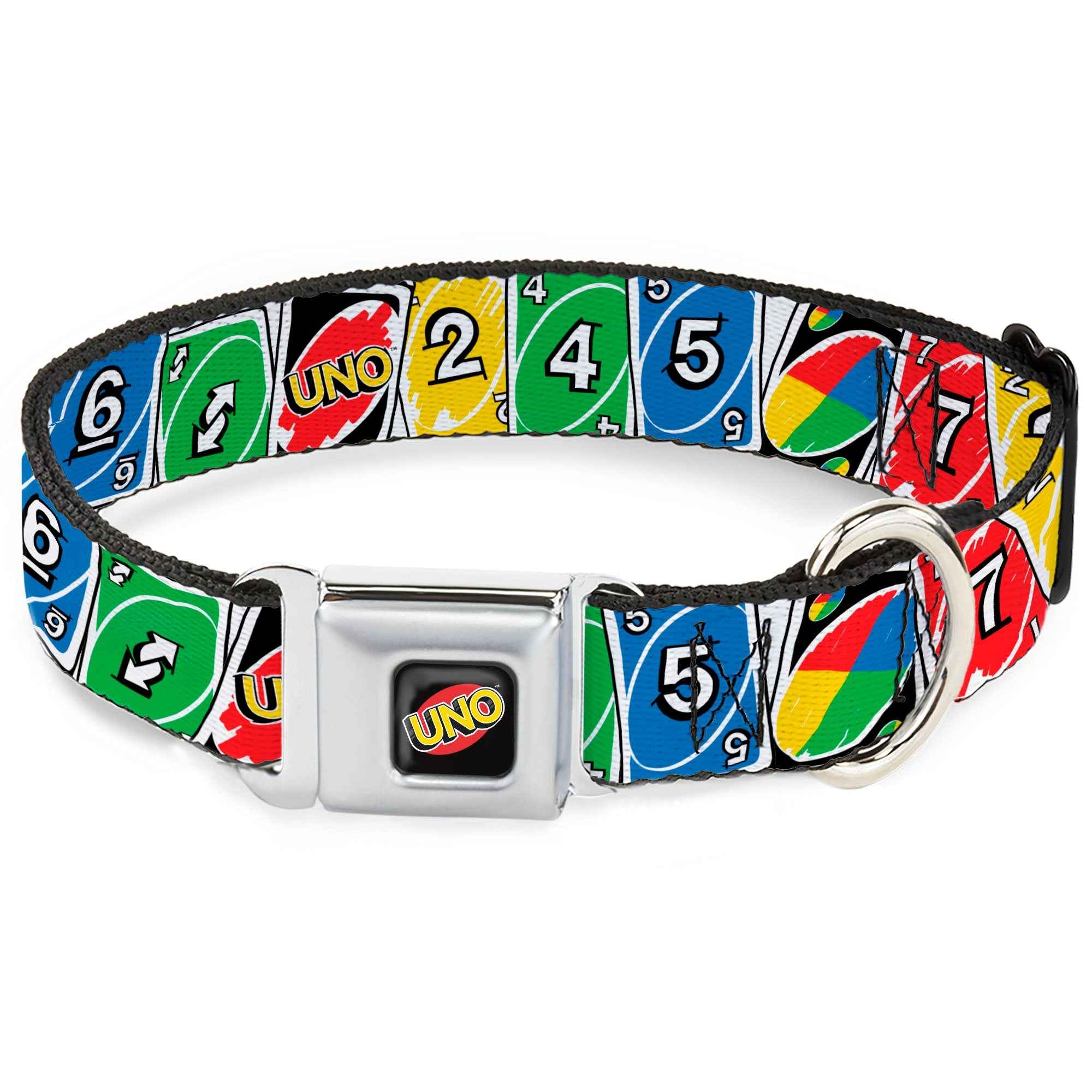 Buckle-Down Uno Game Logo Full Color Black/Red/Yellow Seatbelt Buckle Dog Collar - Uno Cards Lineup Stack Multicolor