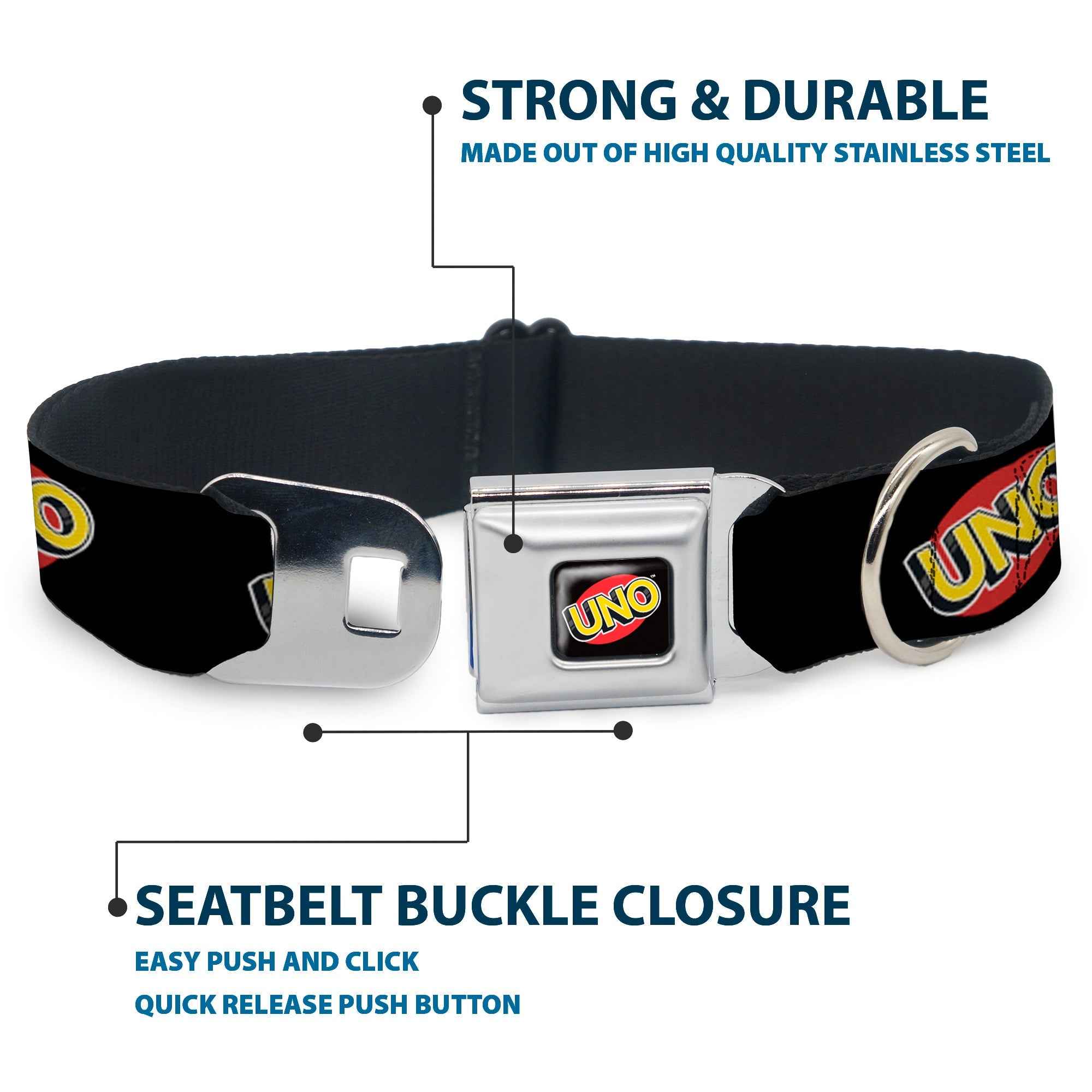 Buckle-Down Uno Game Logo Full Color Black/Red/Yellow Seatbelt Buckle Dog Collar - Uno Game Logo Black/Red/Yellow
