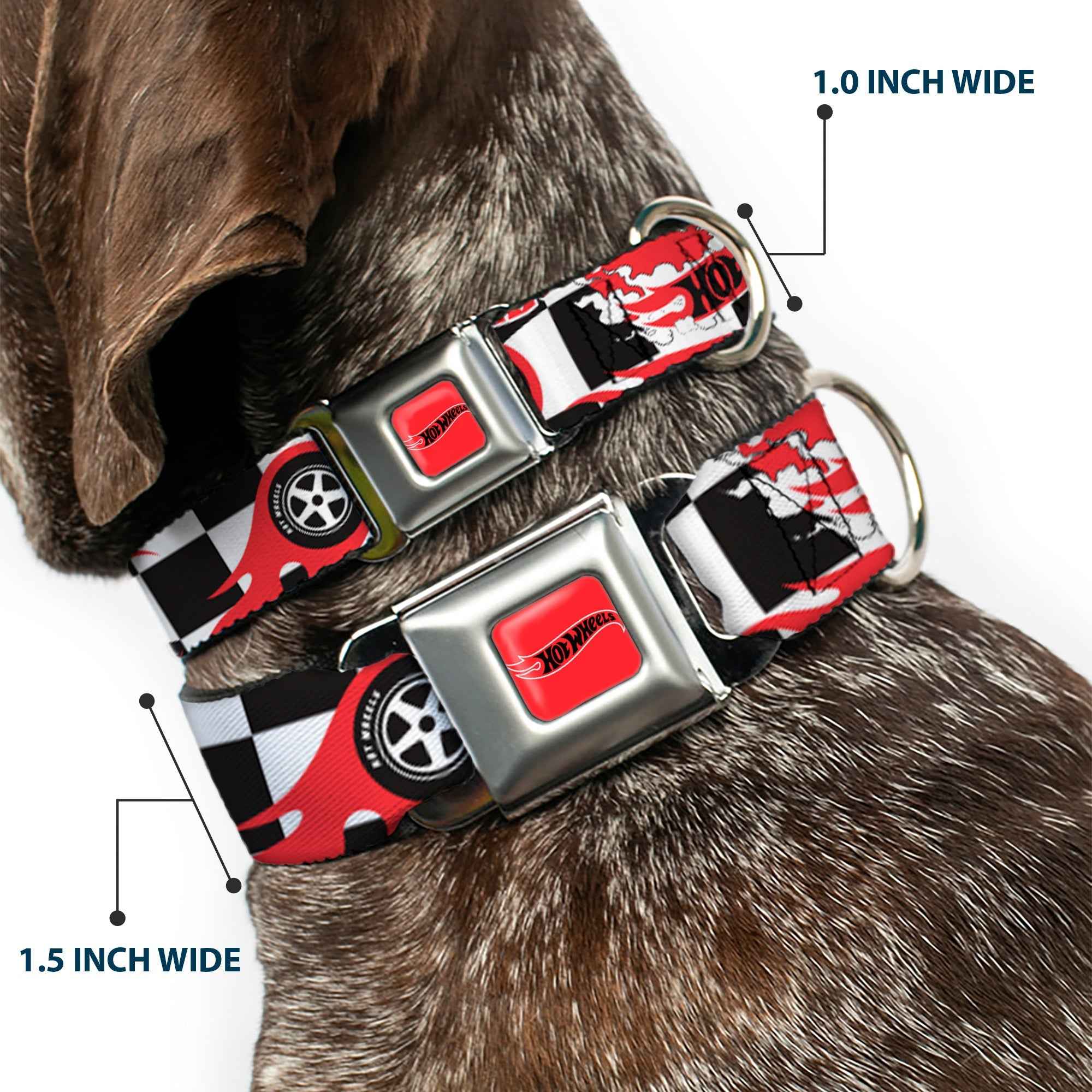 Buckle-Down Hot Wheels Classic Flame Logo Red/White/Black & Logo and Tire Burn Out Checker Black/White Seatbelt Buckle Dog Collar