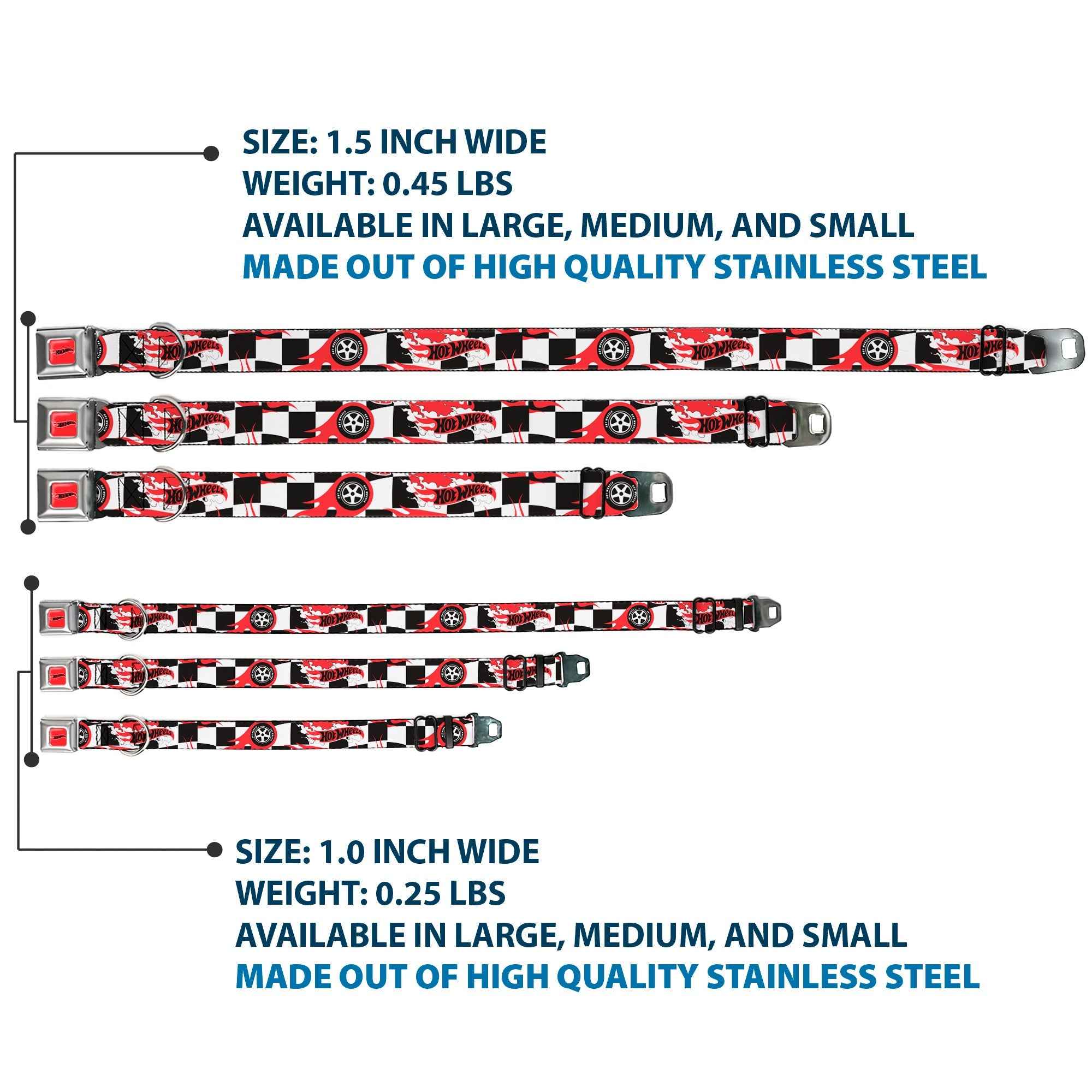 Buckle-Down Hot Wheels Classic Flame Logo Red/White/Black & Logo and Tire Burn Out Checker Black/White Seatbelt Buckle Dog Collar