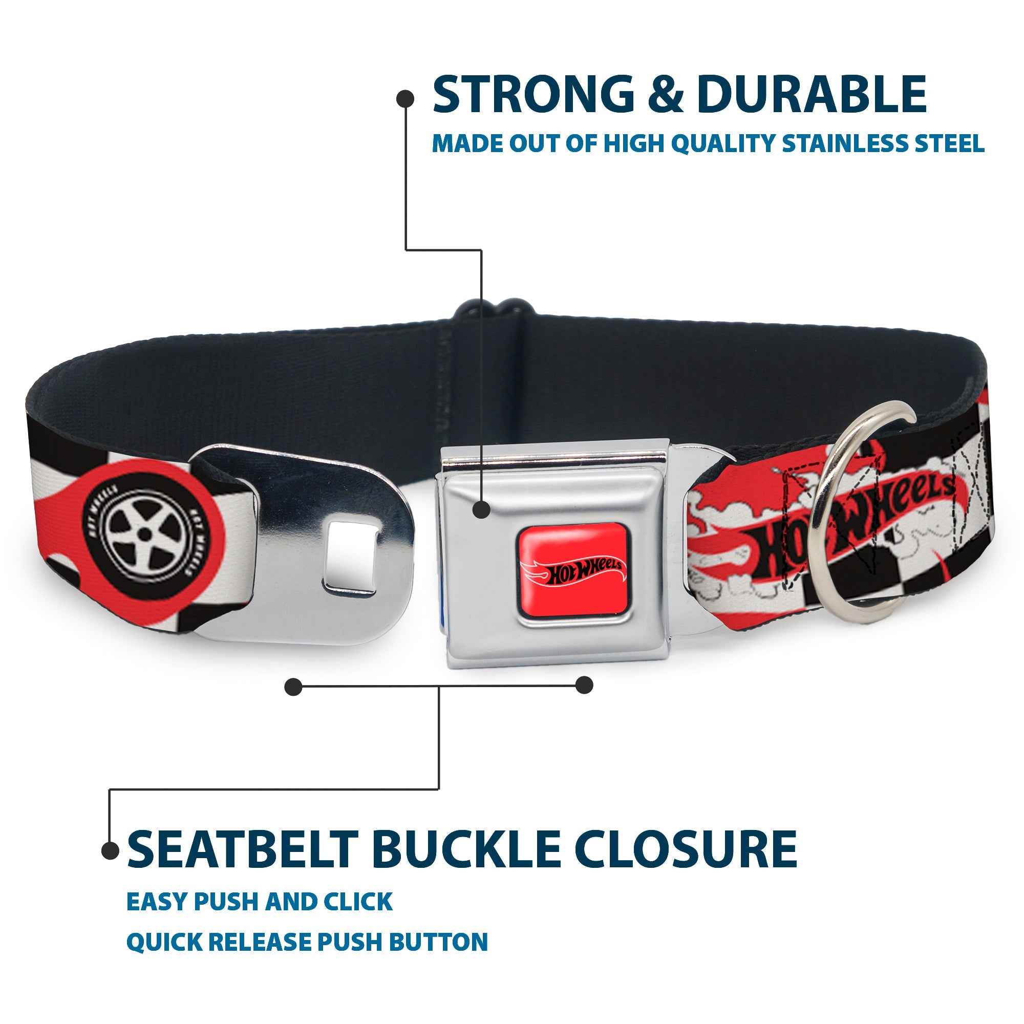 Buckle-Down Hot Wheels Classic Flame Logo Red/White/Black & Logo and Tire Burn Out Checker Black/White Seatbelt Buckle Dog Collar