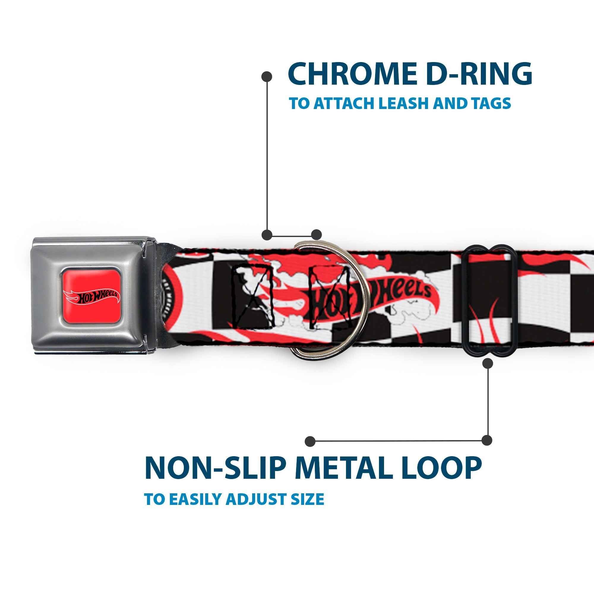 Buckle-Down Hot Wheels Classic Flame Logo Red/White/Black & Logo and Tire Burn Out Checker Black/White Seatbelt Buckle Dog Collar