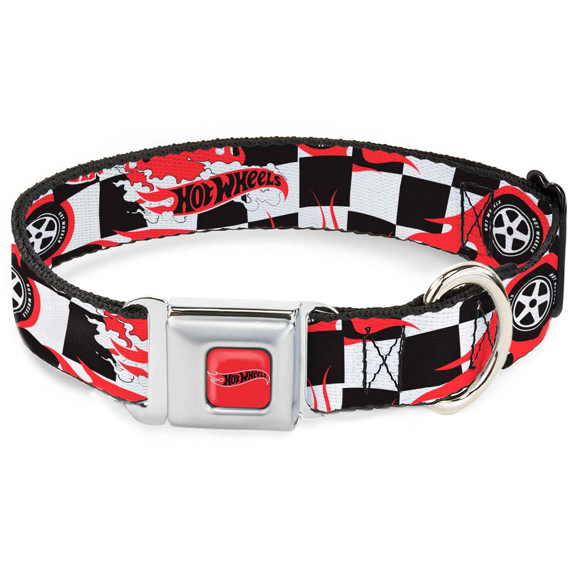 Buckle-Down Hot Wheels Classic Flame Logo Red/White/Black & Logo and Tire Burn Out Checker Black/White Seatbelt Buckle Dog Collar