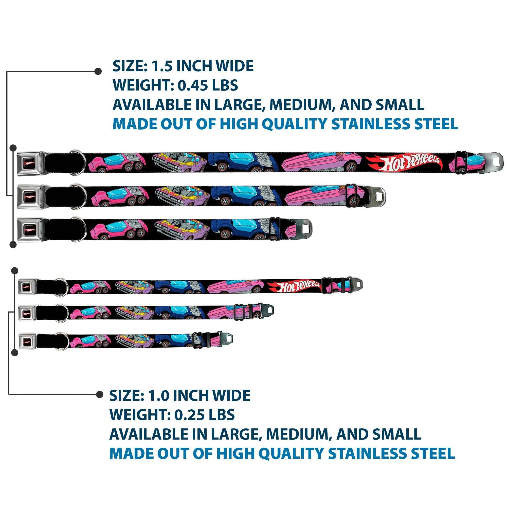 Buckle-Down Hot Wheels Classic Flame Logo Full Color Black/Red/White Seatbelt Buckle Dog Collar - Hot Wheels Logo and Four Cars Close-Up Black