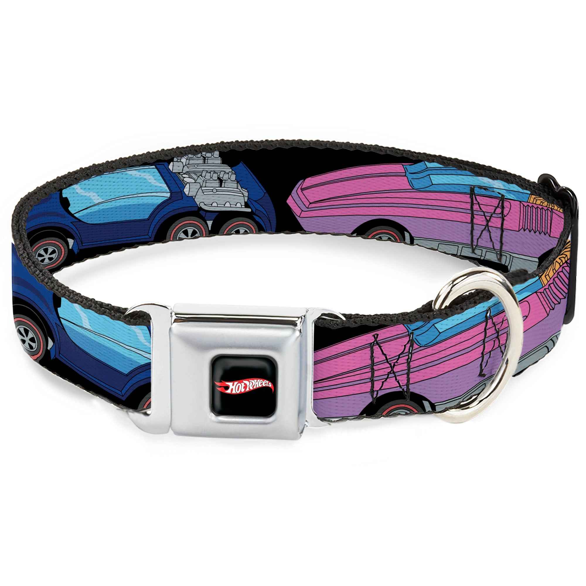 Buckle-Down Hot Wheels Classic Flame Logo Full Color Black/Red/White Seatbelt Buckle Dog Collar - Hot Wheels Logo and Four Cars Close-Up Black