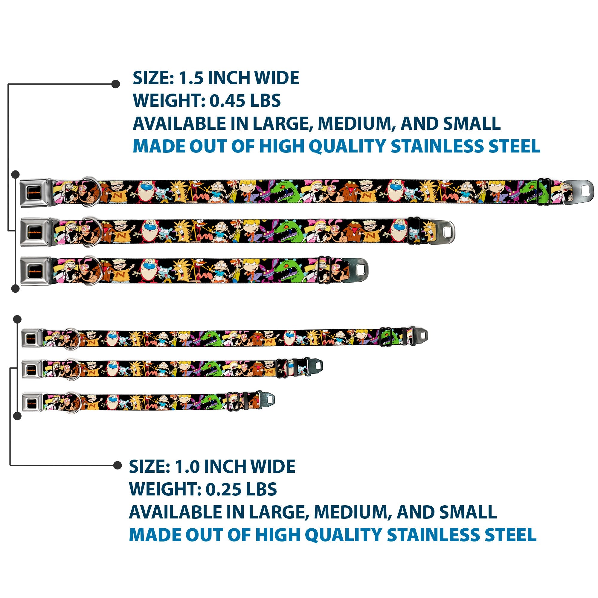 NICKELODEON Logo Full Color Black/Orange Seatbelt Buckle Collar - Nick 90's 13-Character Poses Black