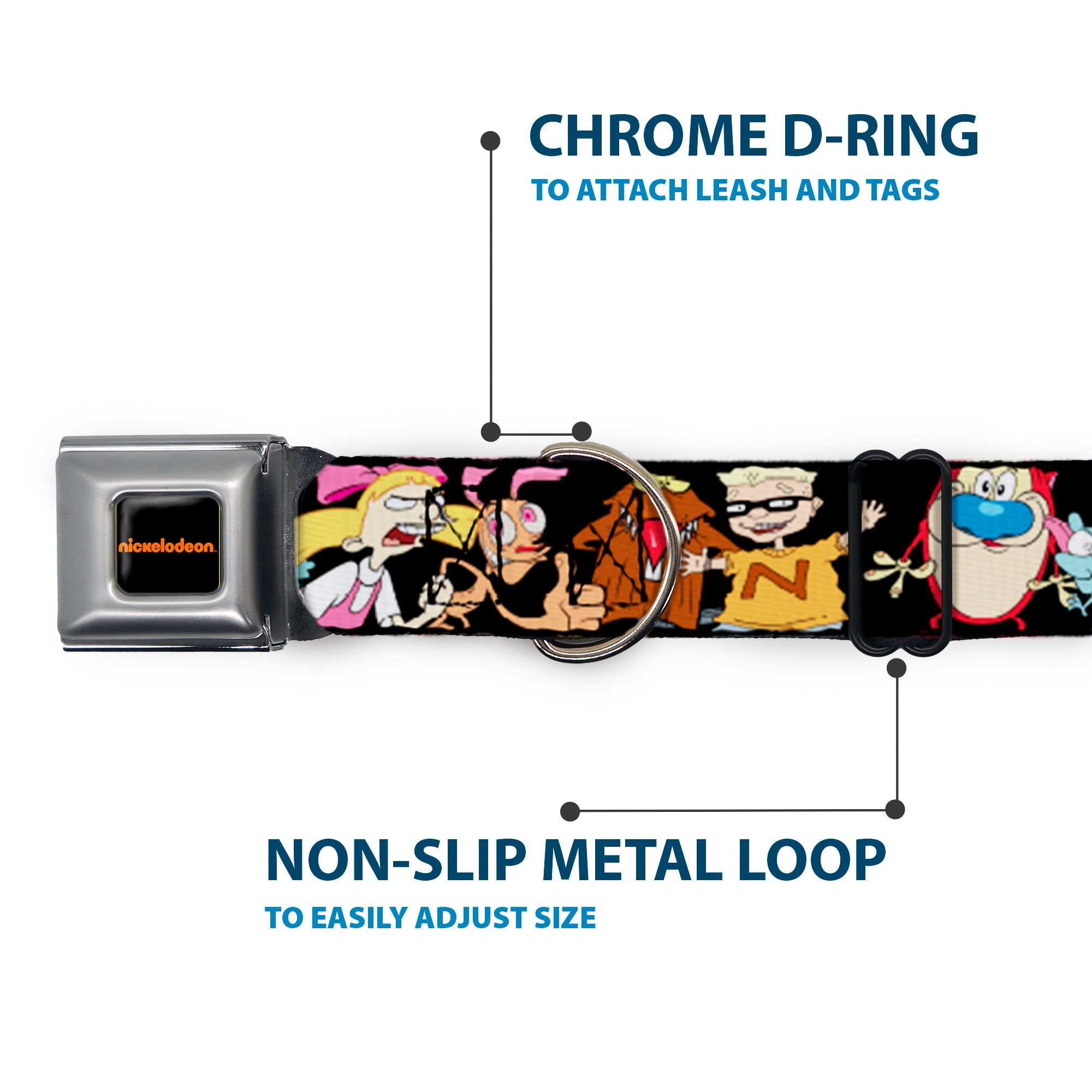 NICKELODEON Logo Full Color Black/Orange Seatbelt Buckle Collar - Nick 90's 13-Character Poses Black