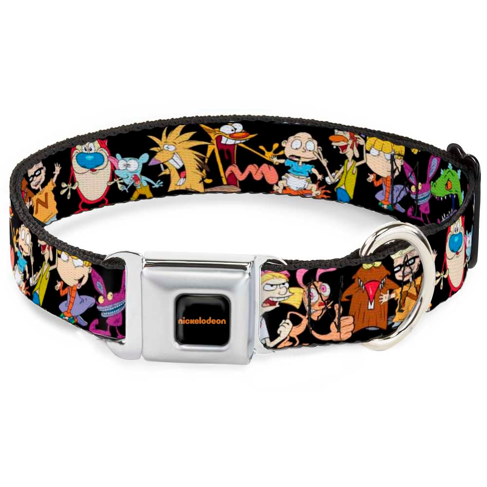 NICKELODEON Logo Full Color Black/Orange Seatbelt Buckle Collar - Nick 90's 13-Character Poses Black