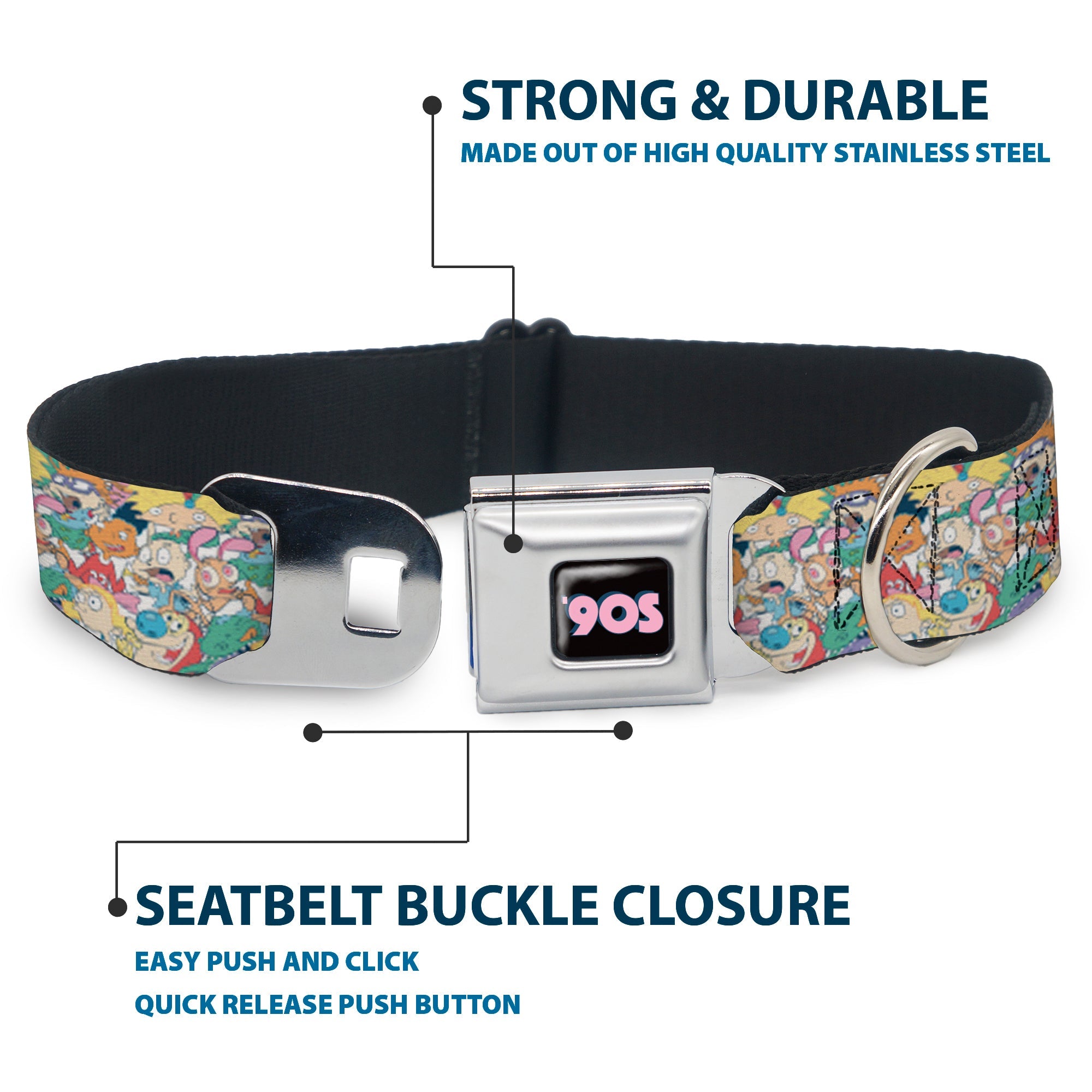 Nick 90S Icon Black/Blue/Pink Seatbelt Buckle Collar - Nick 90s Rewind 8-Character Mash Up Collage White