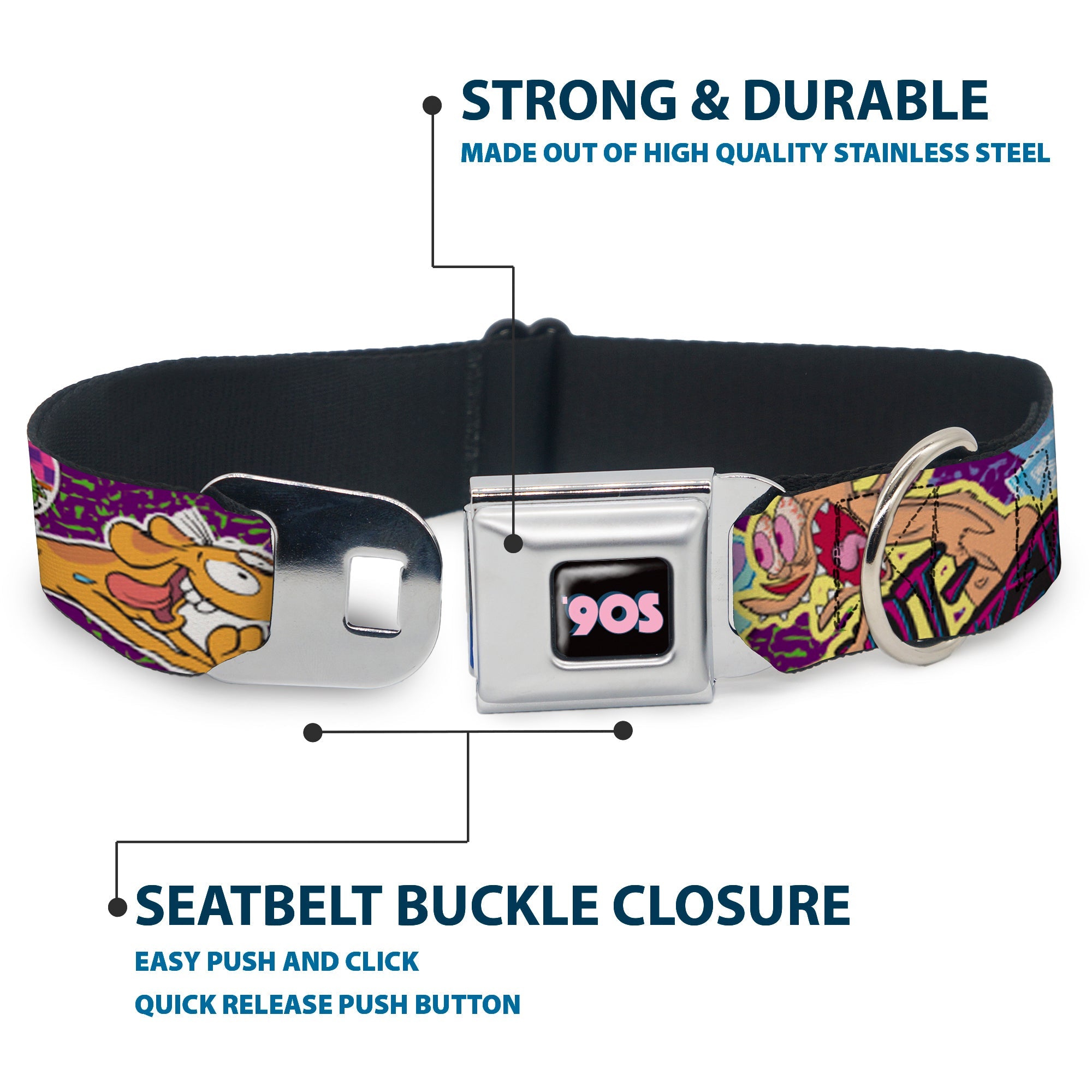 Nick 90S Icon Black/Blue/Pink Seatbelt Buckle Collar - Nick 90s Rewind 7-Character/4-Logo Collage