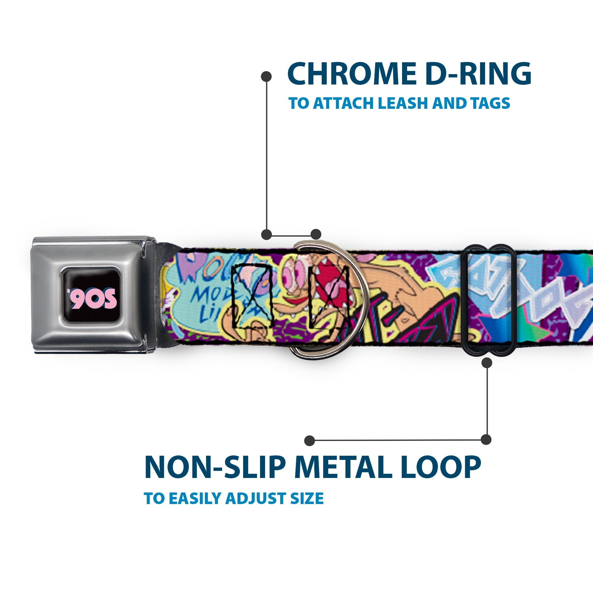 Nick 90S Icon Black/Blue/Pink Seatbelt Buckle Collar - Nick 90s Rewind 7-Character/4-Logo Collage