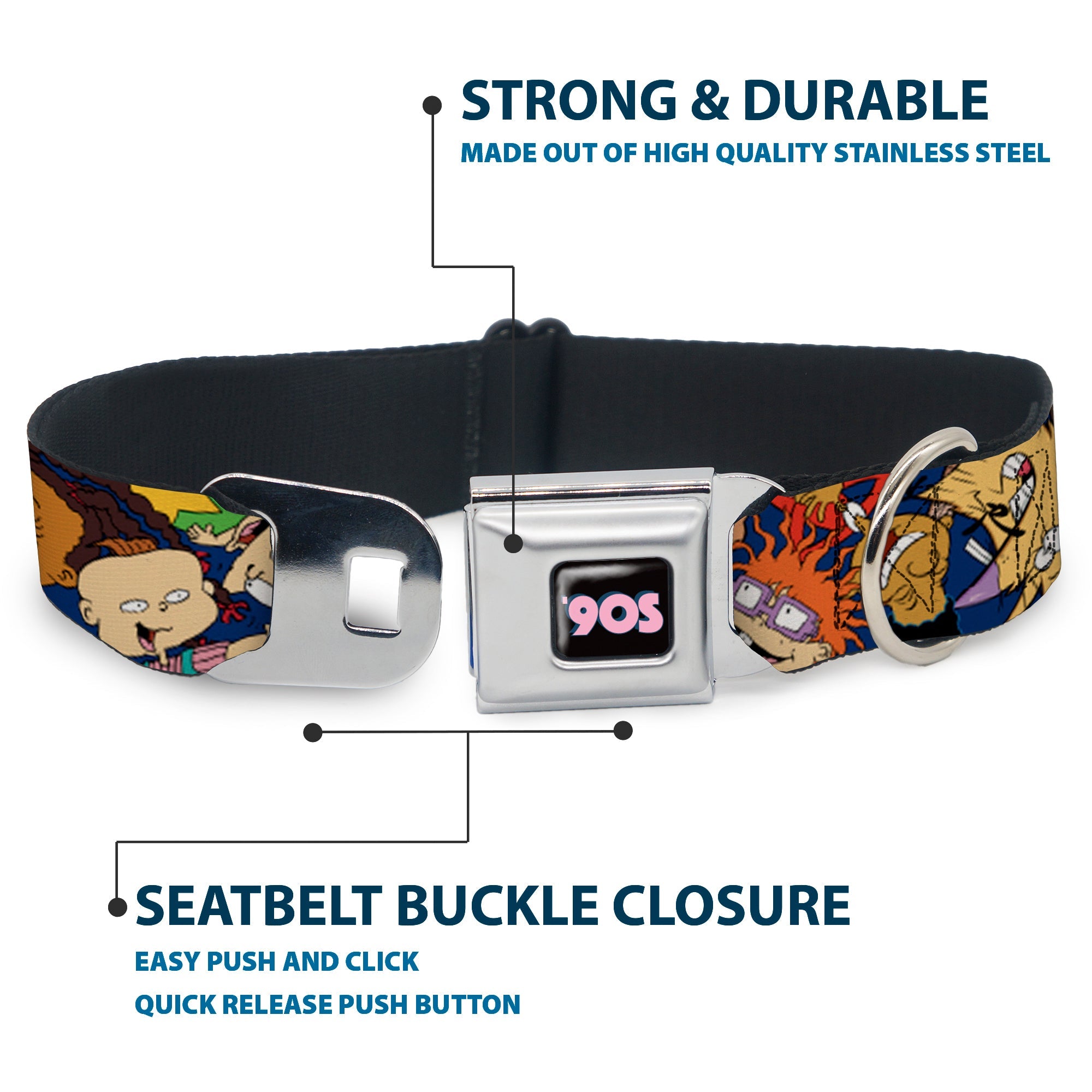 Nick 90S Icon Full Color Black/Blue/Pink Seatbelt Buckle Collar - Nick 90s Rewind 16-Character Poses Navy Blue