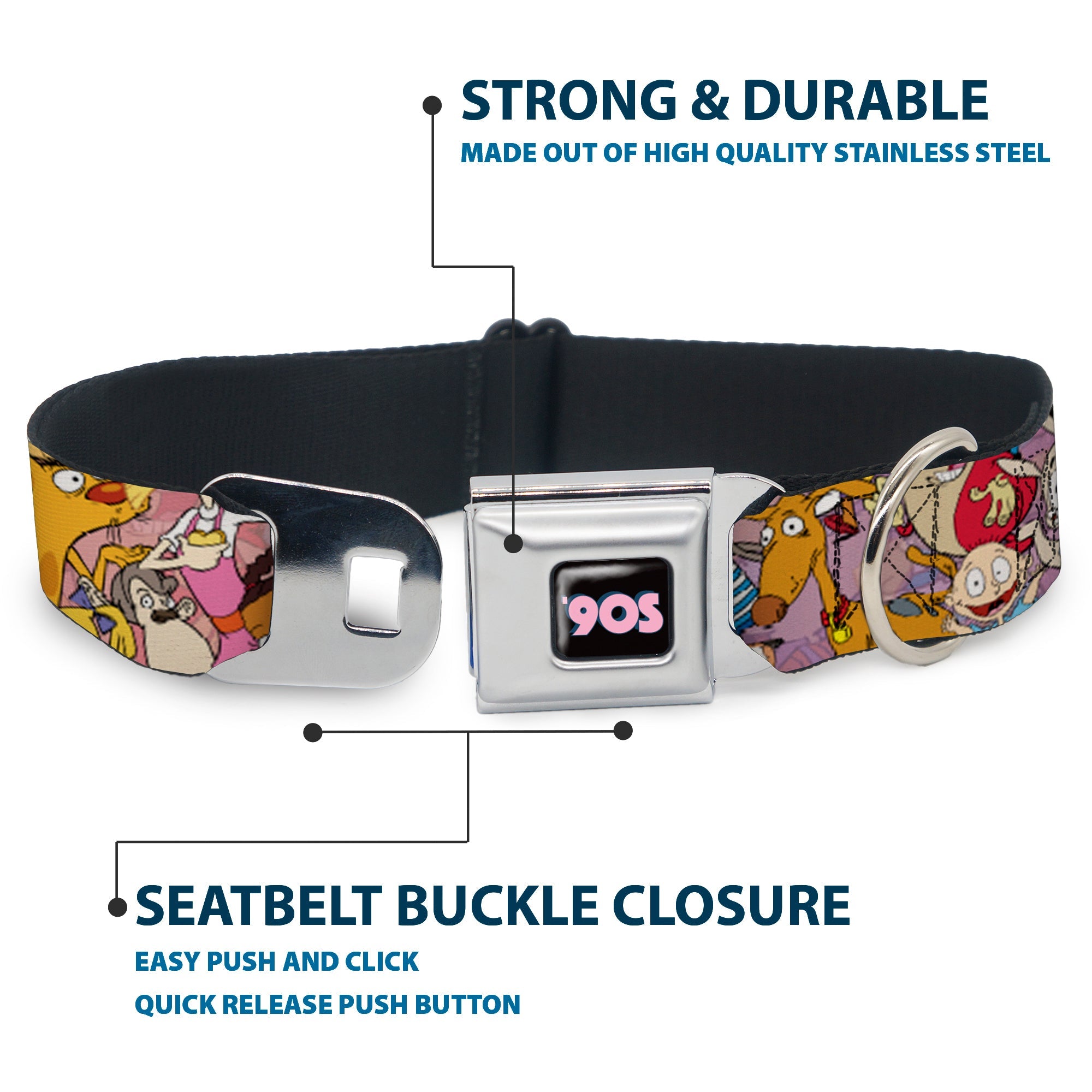 Nick 90S Icon Black/Blue/Pink Seatbelt Buckle Collar - Nick 90s Rewind Character Mash Up Collage2 Pinks