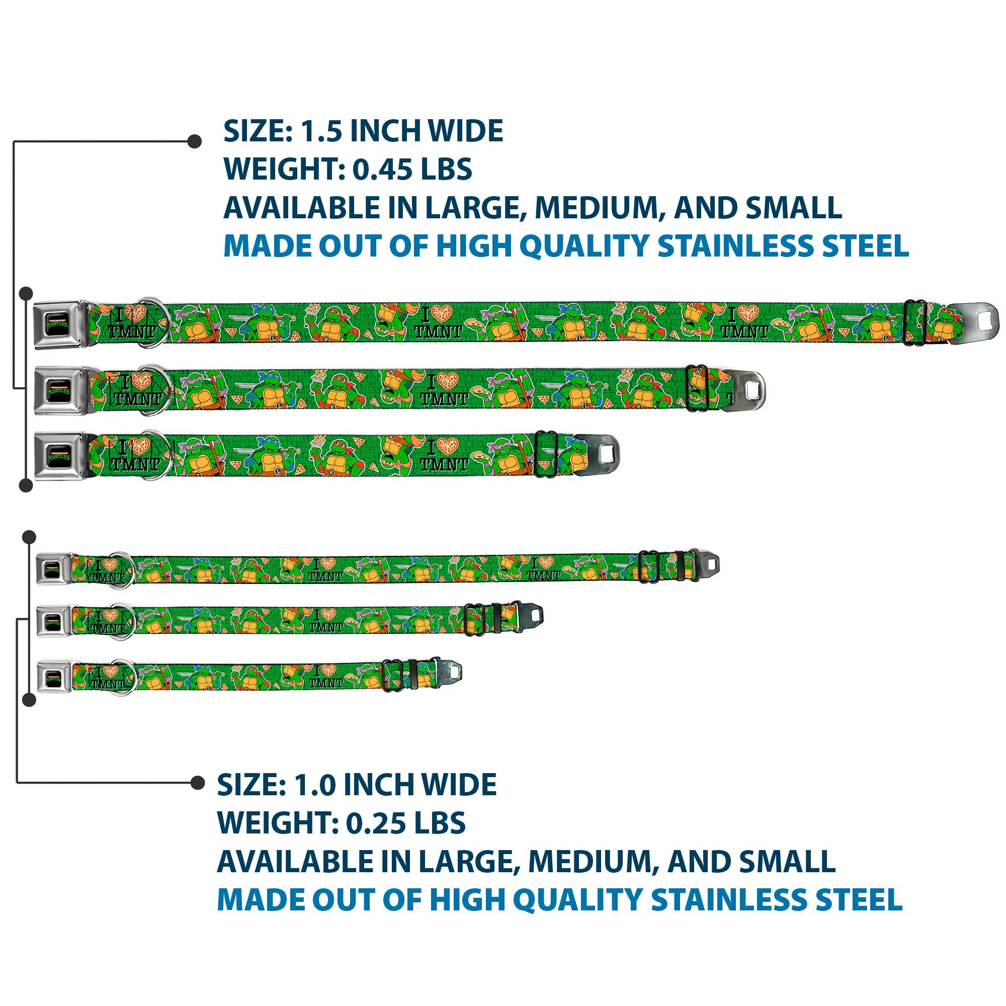 Classic TEENAGE MUTANT NINJA TURTLES Logo Seatbelt Buckle Collar - I "HEART" TMNT/Classic Turtles & Pizza Green