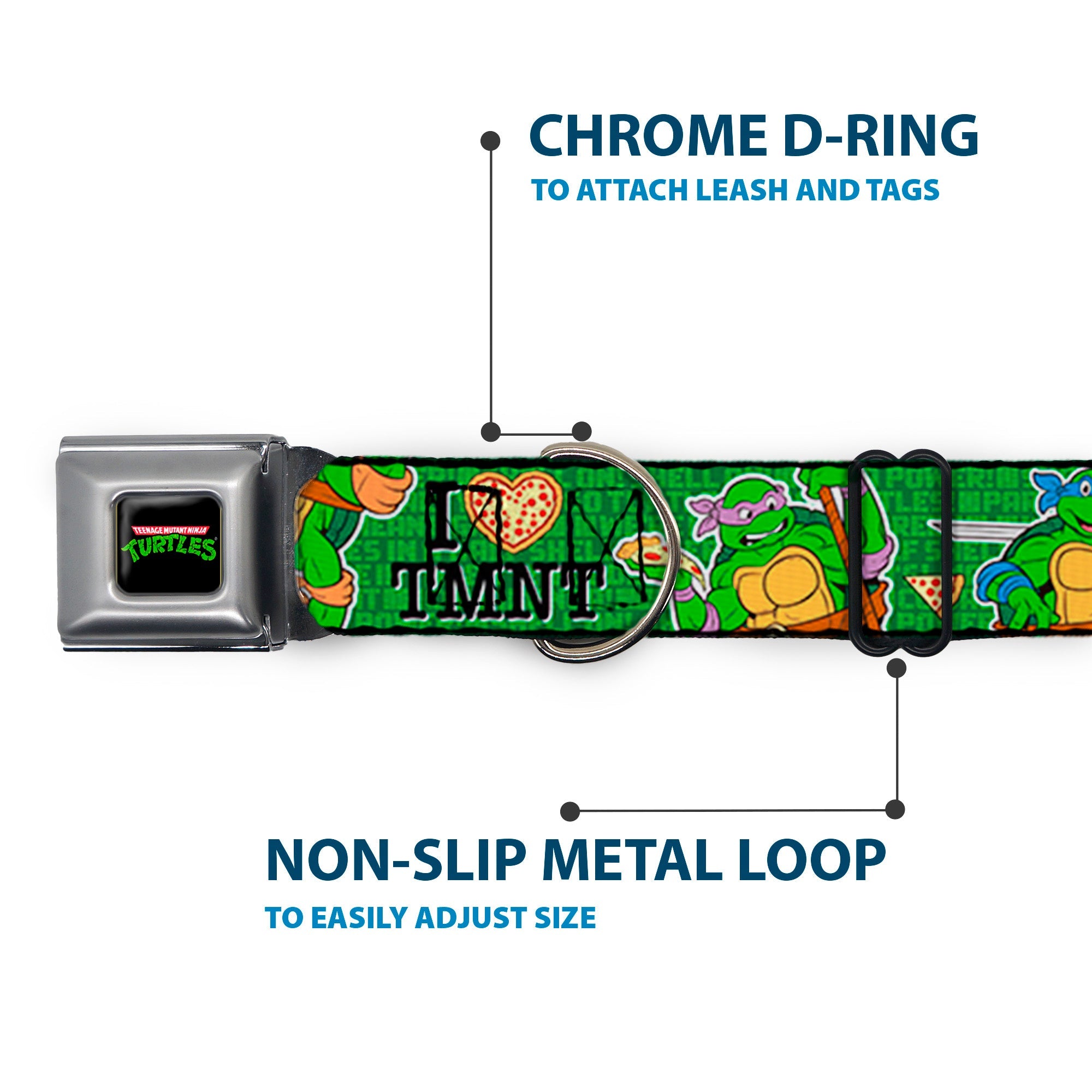 Classic TEENAGE MUTANT NINJA TURTLES Logo Seatbelt Buckle Collar - I "HEART" TMNT/Classic Turtles & Pizza Green