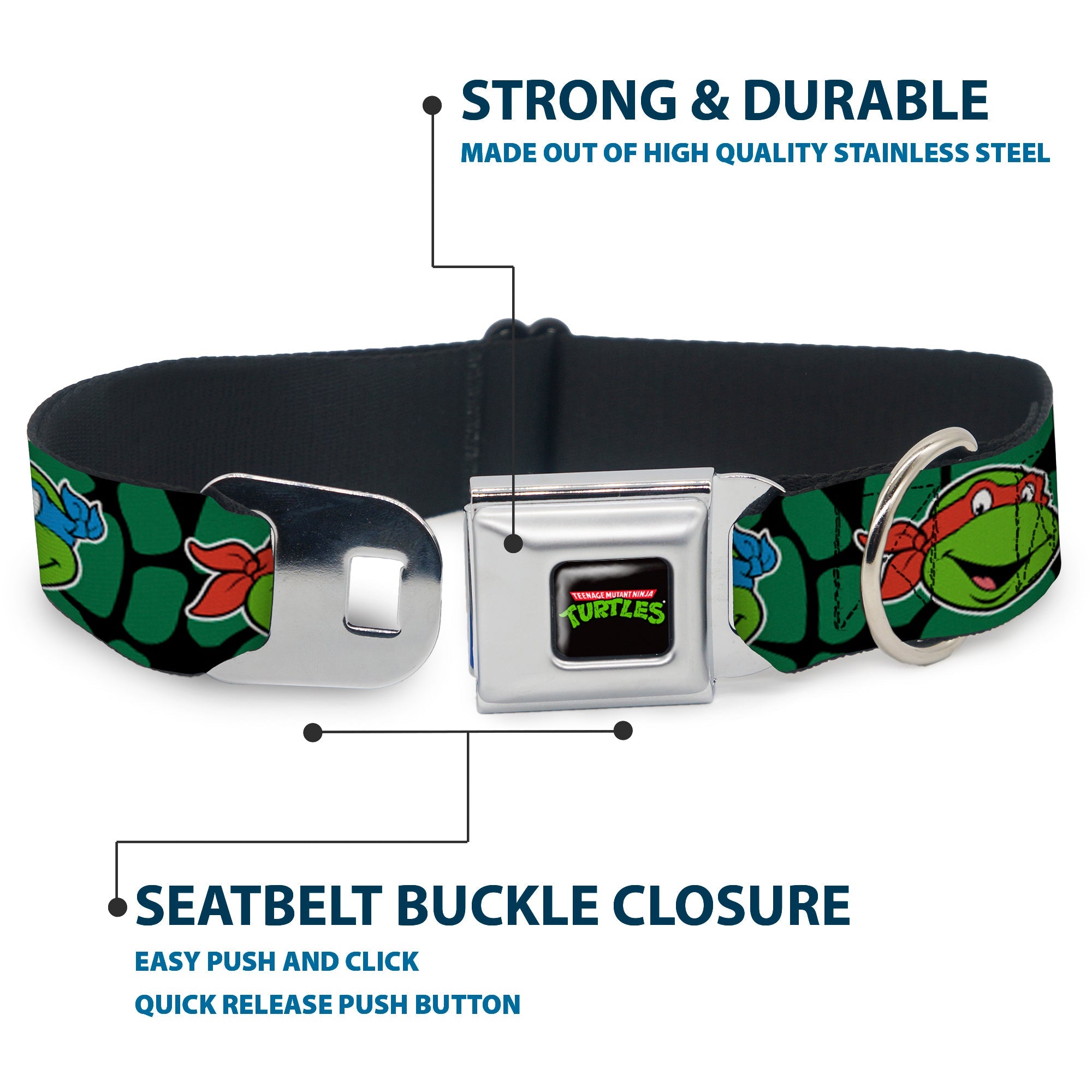Classic TEENAGE MUTANT NINJA TURTLES Logo Seatbelt Buckle Collar - Classic TEENAGE MUTANT NINJA TURTLES Turtle Faces Black/Green Turtle Shell
