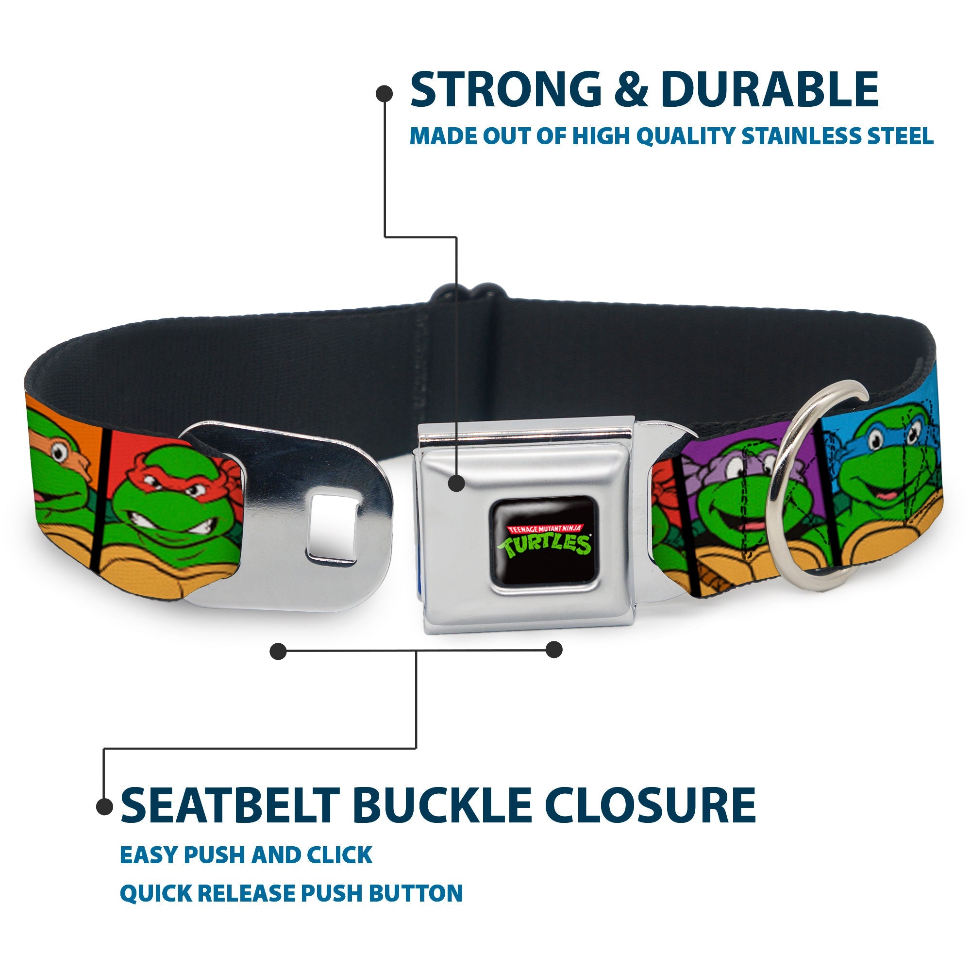Classic TEENAGE MUTANT NINJA TURTLES Logo Seatbelt Buckle Collar - Classic Teenage Mutant Ninja Turtles Face Blocks Black/Multi Color