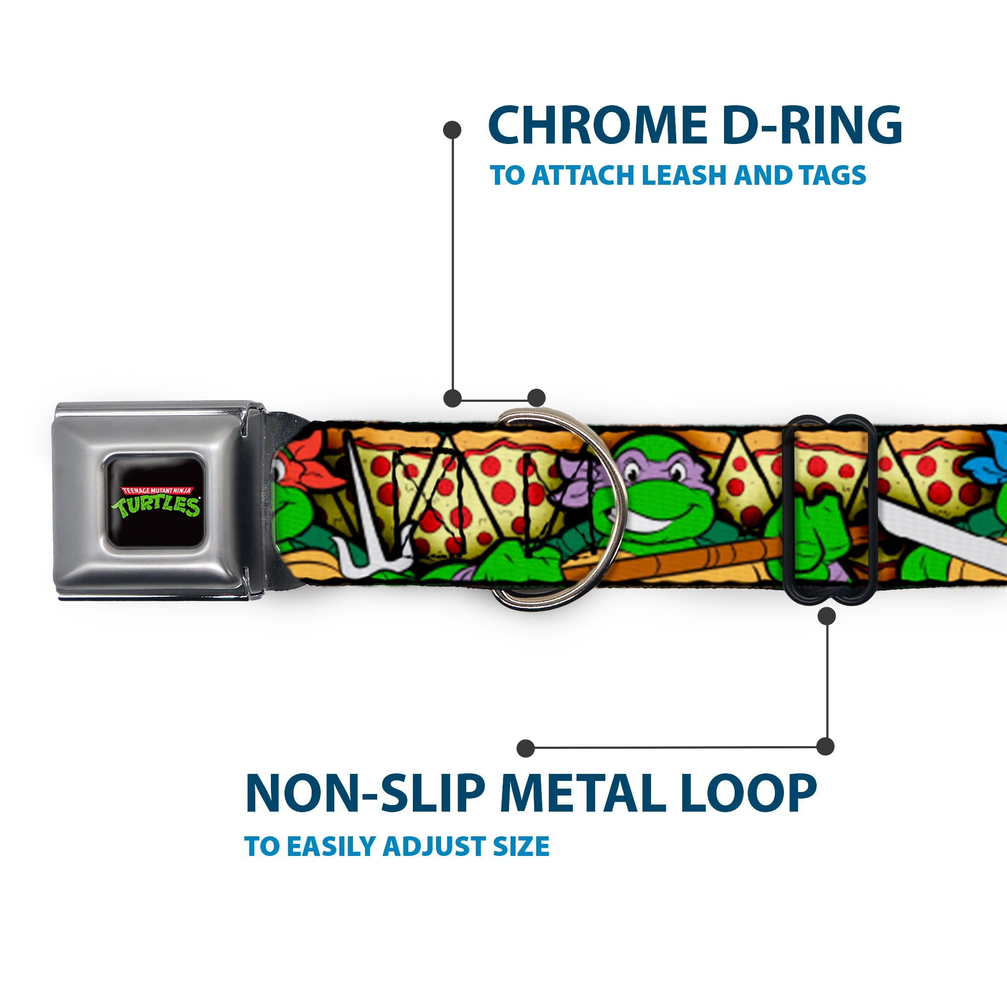 Classic TEENAGE MUTANT NINJA TURTLES Logo Seatbelt Buckle Collar - Classic Teenage Mutant Ninja Turtles Turtle Poses/Pizza Slices