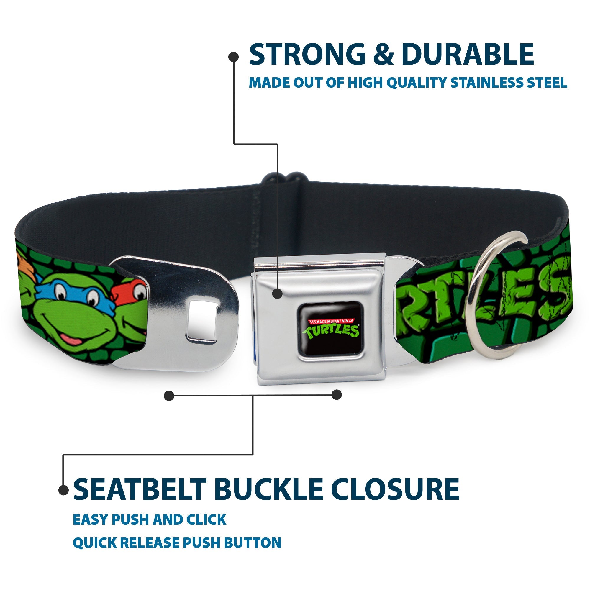 Classic TEENAGE MUTANT NINJA TURTLES Logo Seatbelt Buckle Collar - Classic Teenage Mutant Ninja Turtles Group Faces/TURTLES Turtle Shell Black/Green