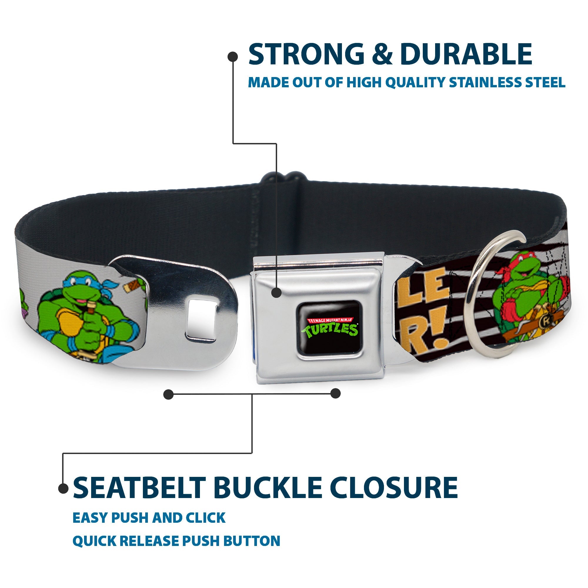 Classic TEENAGE MUTANT NINJA TURTLES Logo Seatbelt Buckle Collar - Classic Teenage Mutant Ninja Turtles Group Pose/TURTLE POWER!