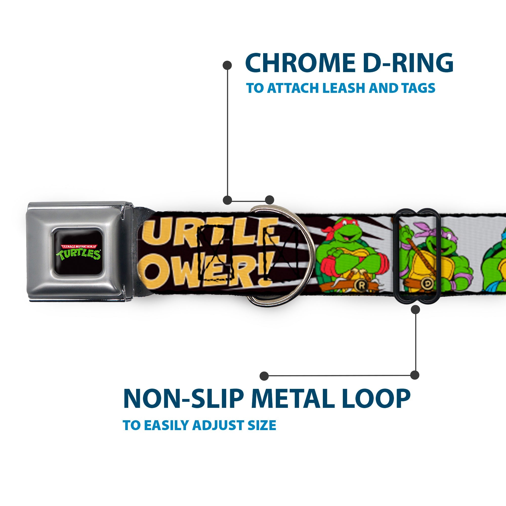 Classic TEENAGE MUTANT NINJA TURTLES Logo Seatbelt Buckle Collar - Classic Teenage Mutant Ninja Turtles Group Pose/TURTLE POWER!