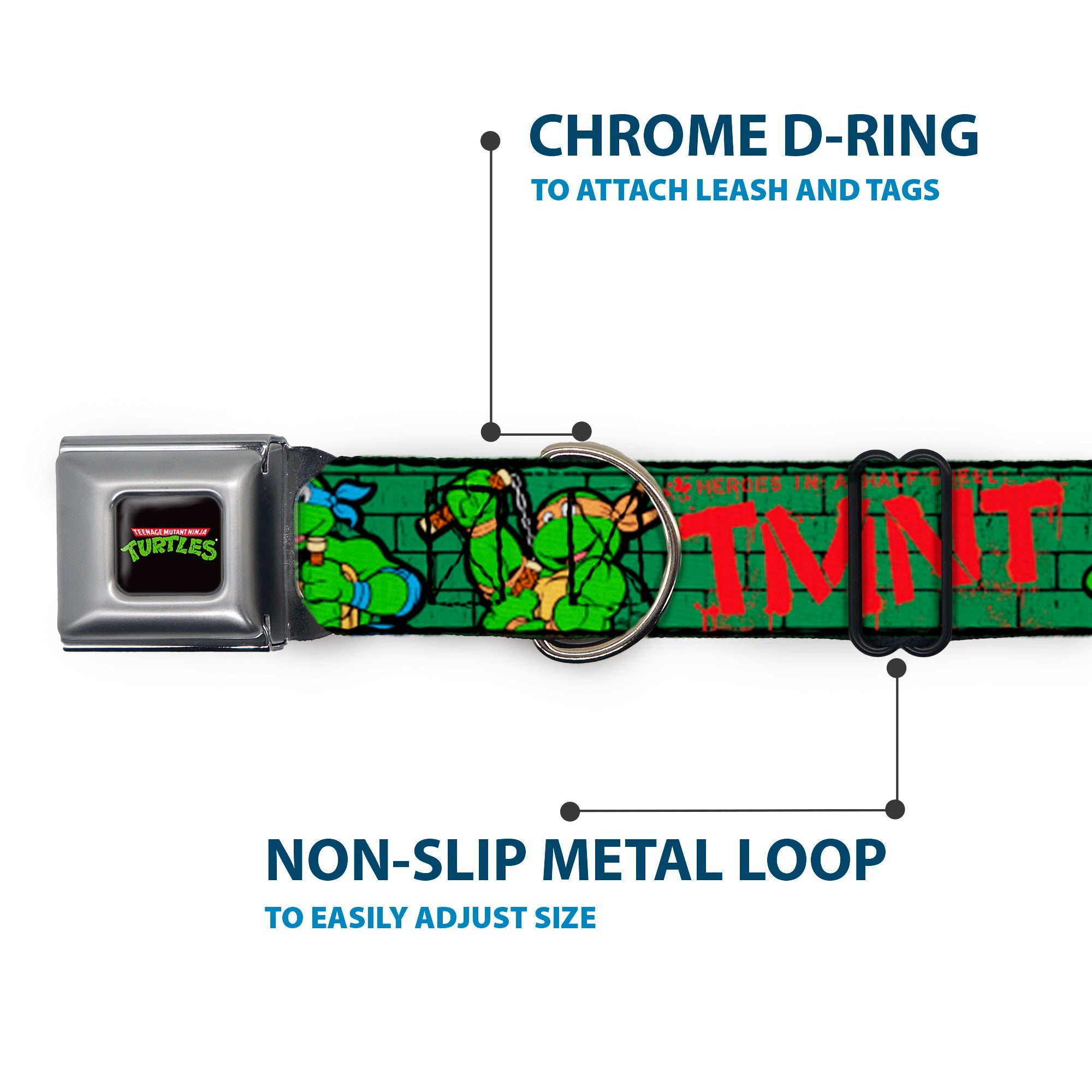 Classic TEENAGE MUTANT NINJA TURTLES Logo Seatbelt Buckle Collar - Classic Teenage Mutant Ninja Turtles Group Pose2/TMNT Green Brick Wall