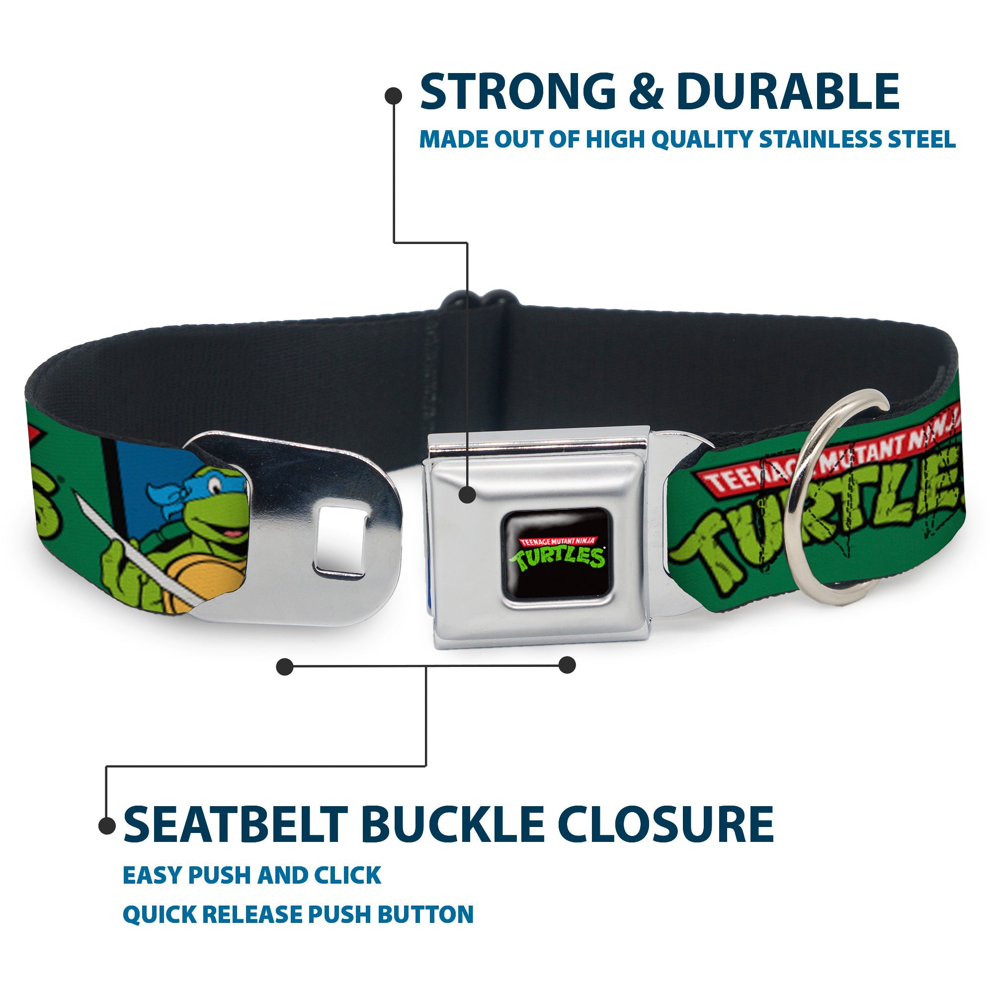 Classic TEENAGE MUTANT NINJA TURTLES Logo Seatbelt Buckle Collar - Classic TEENAGE MUTANT NINJA TURTLES Group Pose3/TMNT Logo Green/Multi Color