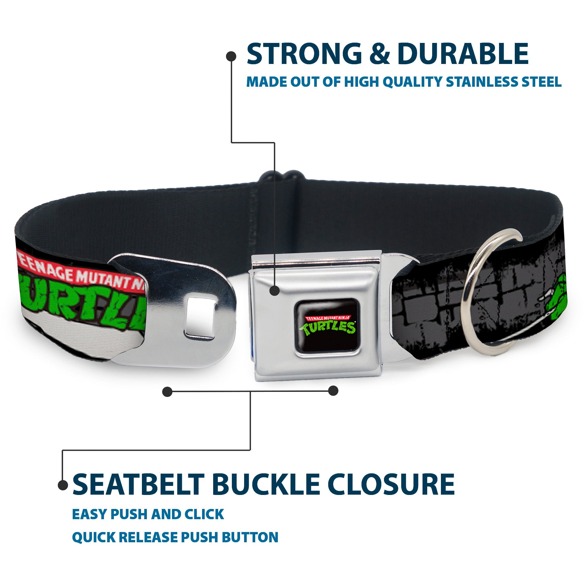 Classic TEENAGE MUTANT NINJA TURTLES Logo Seatbelt Buckle Collar - Classic TEENAGE MUTANT NINJA TURTLES Group Pose4 in Sewer/TMNT Logo