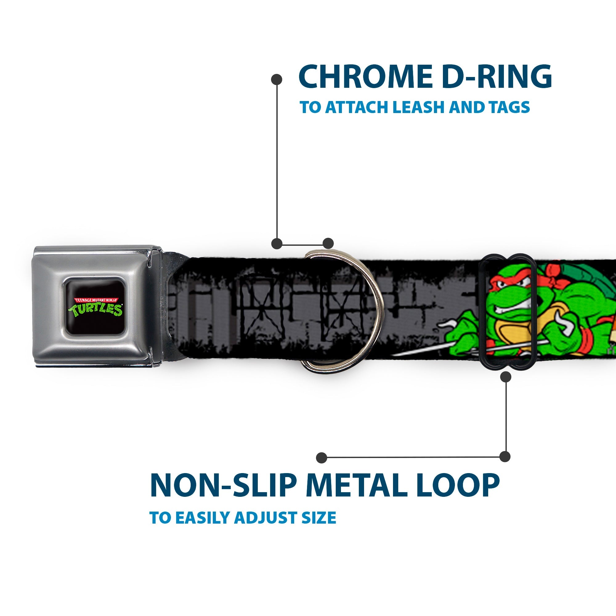 Classic TEENAGE MUTANT NINJA TURTLES Logo Seatbelt Buckle Collar - Classic TEENAGE MUTANT NINJA TURTLES Group Pose4 in Sewer/TMNT Logo