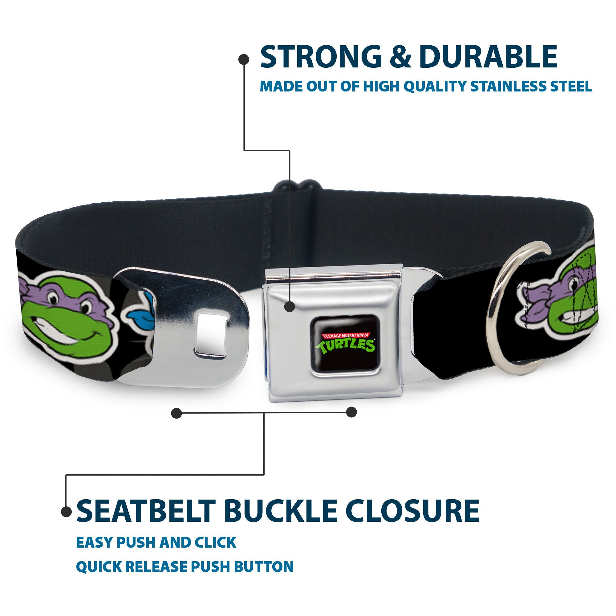 Classic TEENAGE MUTANT NINJA TURTLES Logo Seatbelt Buckle Collar - Classic Teenage Mutant Ninja Turtles Group Faces/TMNT/Ninja Star Black/Green
