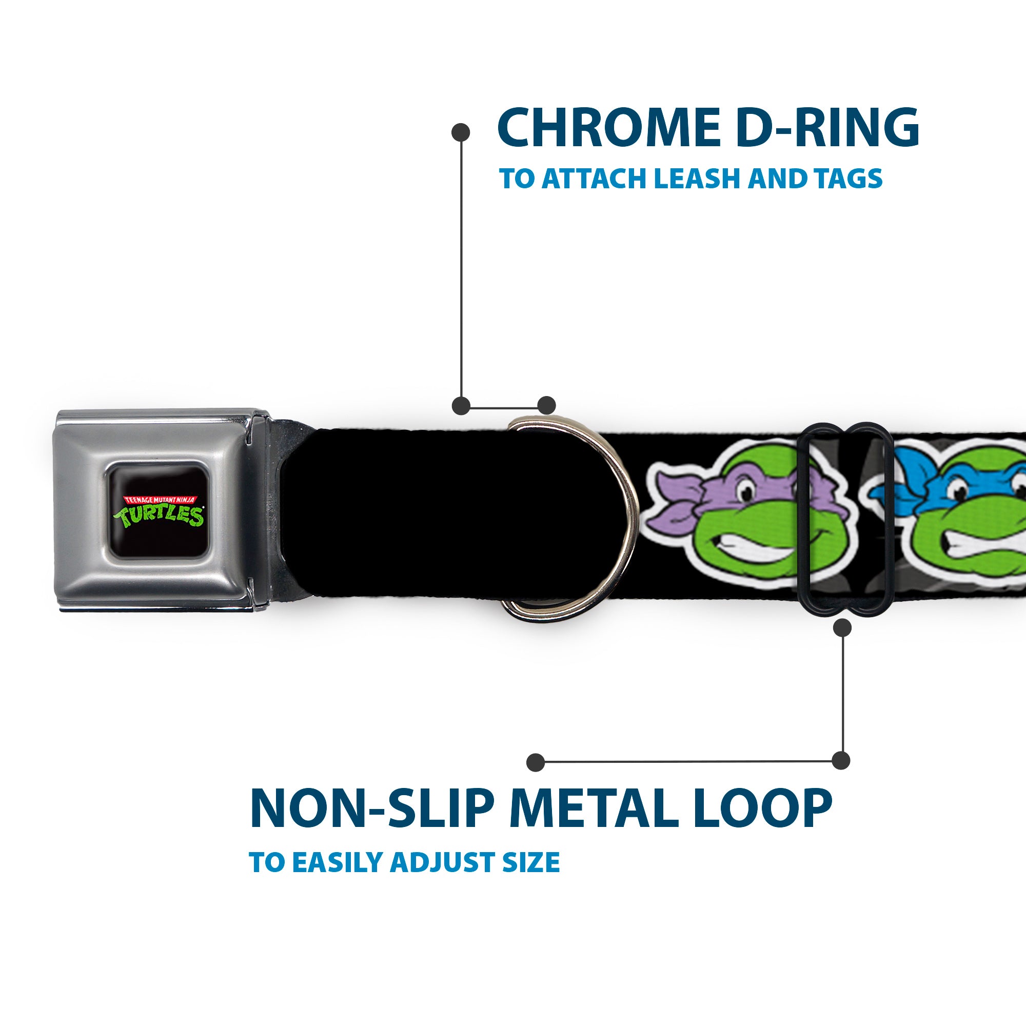 Classic TEENAGE MUTANT NINJA TURTLES Logo Seatbelt Buckle Collar - Classic Teenage Mutant Ninja Turtles Group Faces/TMNT/Ninja Star Black/Green