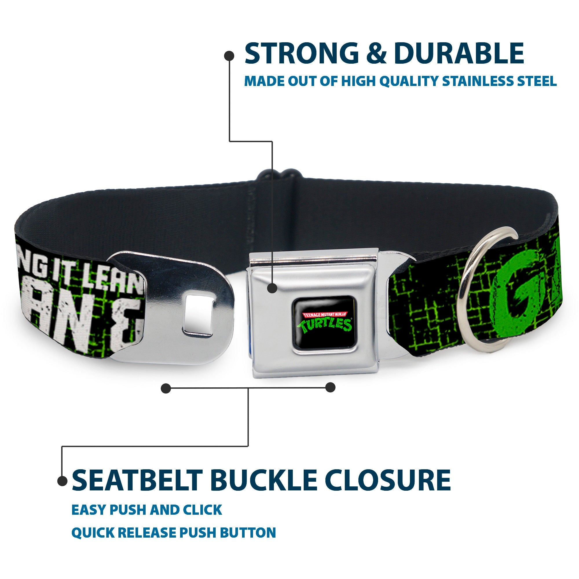 Classic TEENAGE MUTANT NINJA TURTLES Logo Seatbelt Buckle Collar - Classic TMNT Group Pose6/KEEPING IT LEAN, MEAN & GREEN Black/Green/White