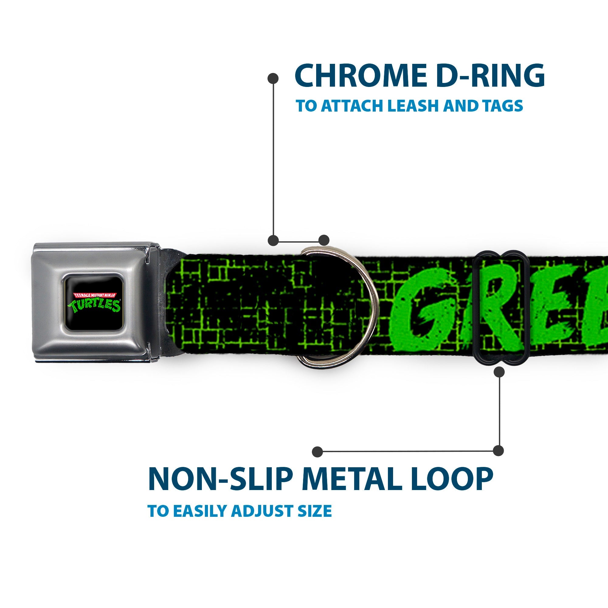 Classic TEENAGE MUTANT NINJA TURTLES Logo Seatbelt Buckle Collar - Classic TMNT Group Pose6/KEEPING IT LEAN, MEAN & GREEN Black/Green/White