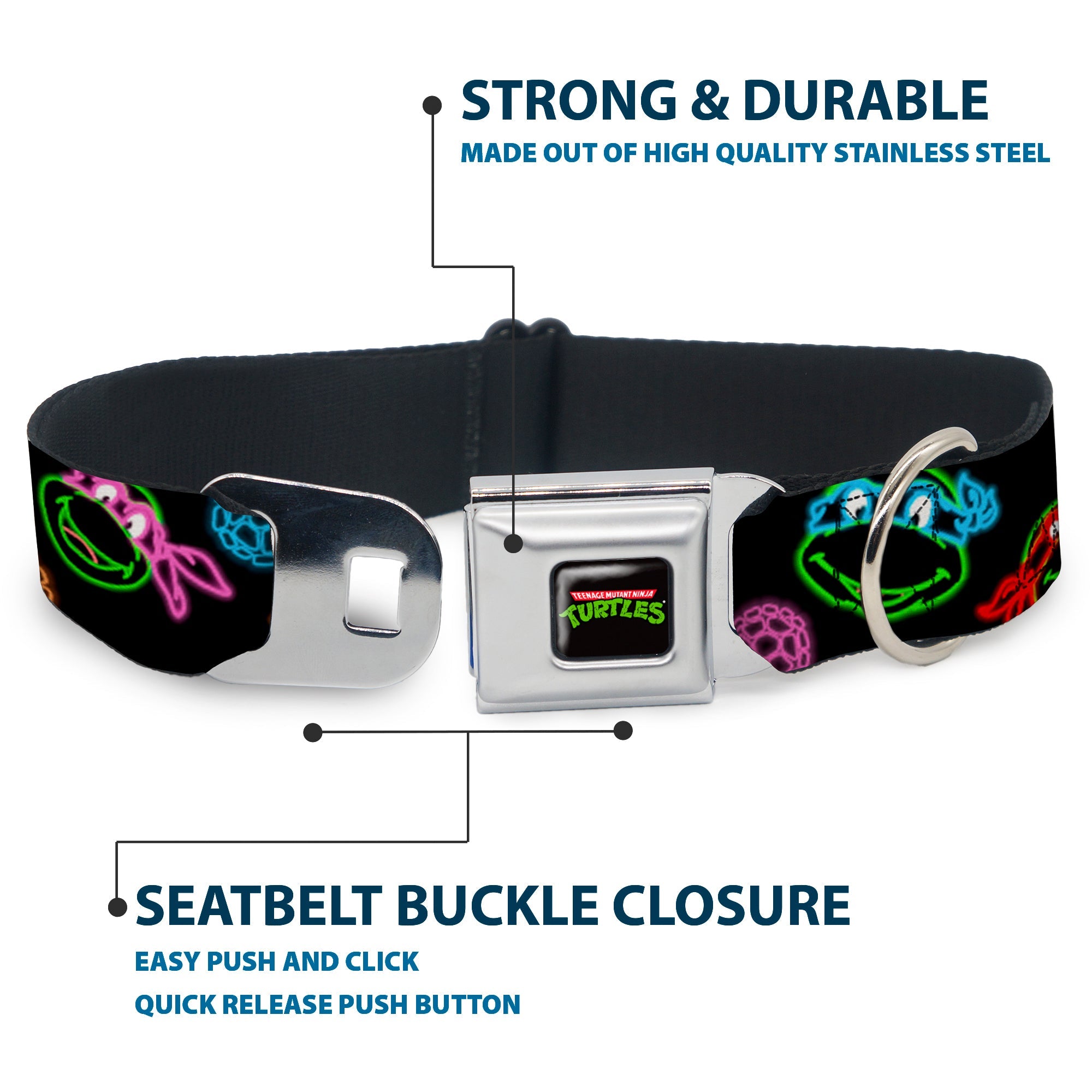 Classic TEENAGE MUTANT NINJA TURTLES Logo Seatbelt Buckle Collar - Classic Teenage Mutant Ninja Turtles Electric Expressions/Turtle Shells Black/Multi Neon