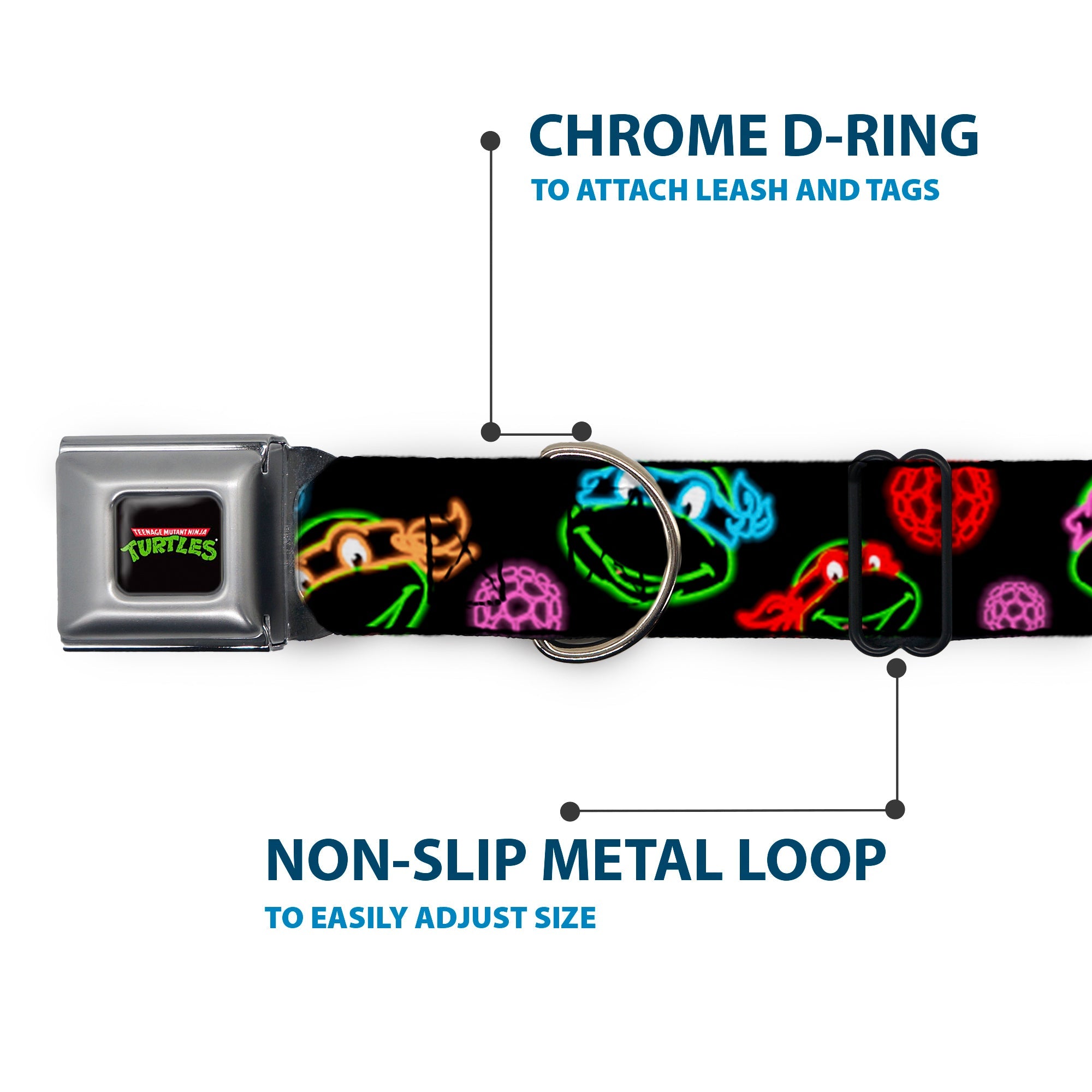 Classic TEENAGE MUTANT NINJA TURTLES Logo Seatbelt Buckle Collar - Classic Teenage Mutant Ninja Turtles Electric Expressions/Turtle Shells Black/Multi Neon