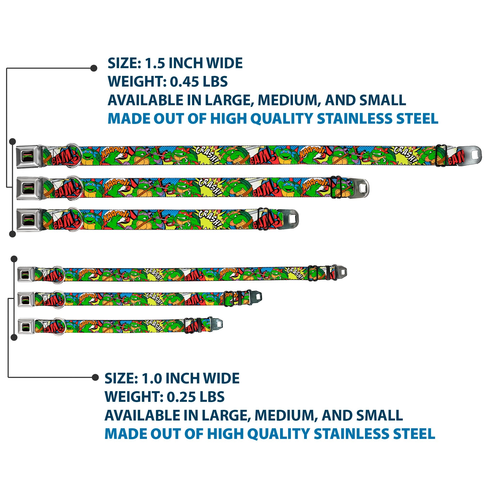 Classic TMNT Logo Full Color Seatbelt Buckle Collar - Classic Teenage Mutant Ninja Turtles Action Poses/Action Bubbles Dots Blues